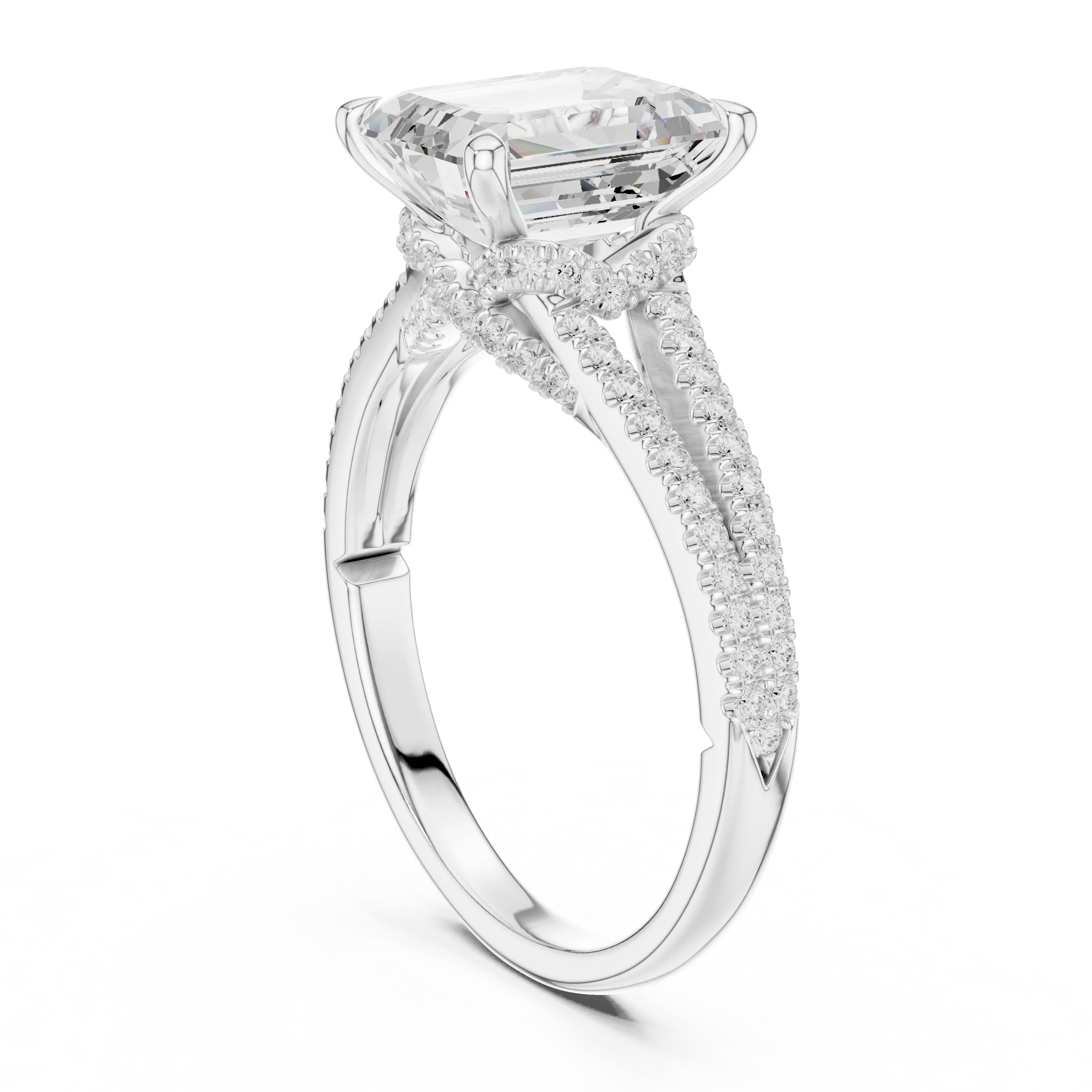 Emerald Cut Diamond Split Shank Engagement Ring with Pave Accents