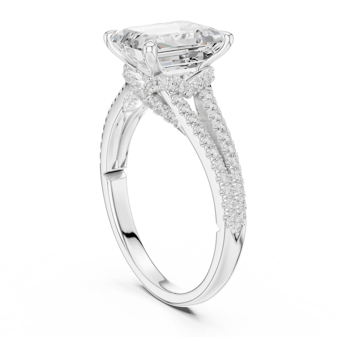 Emerald Cut Diamond Split Shank Engagement Ring with Pave Accents
