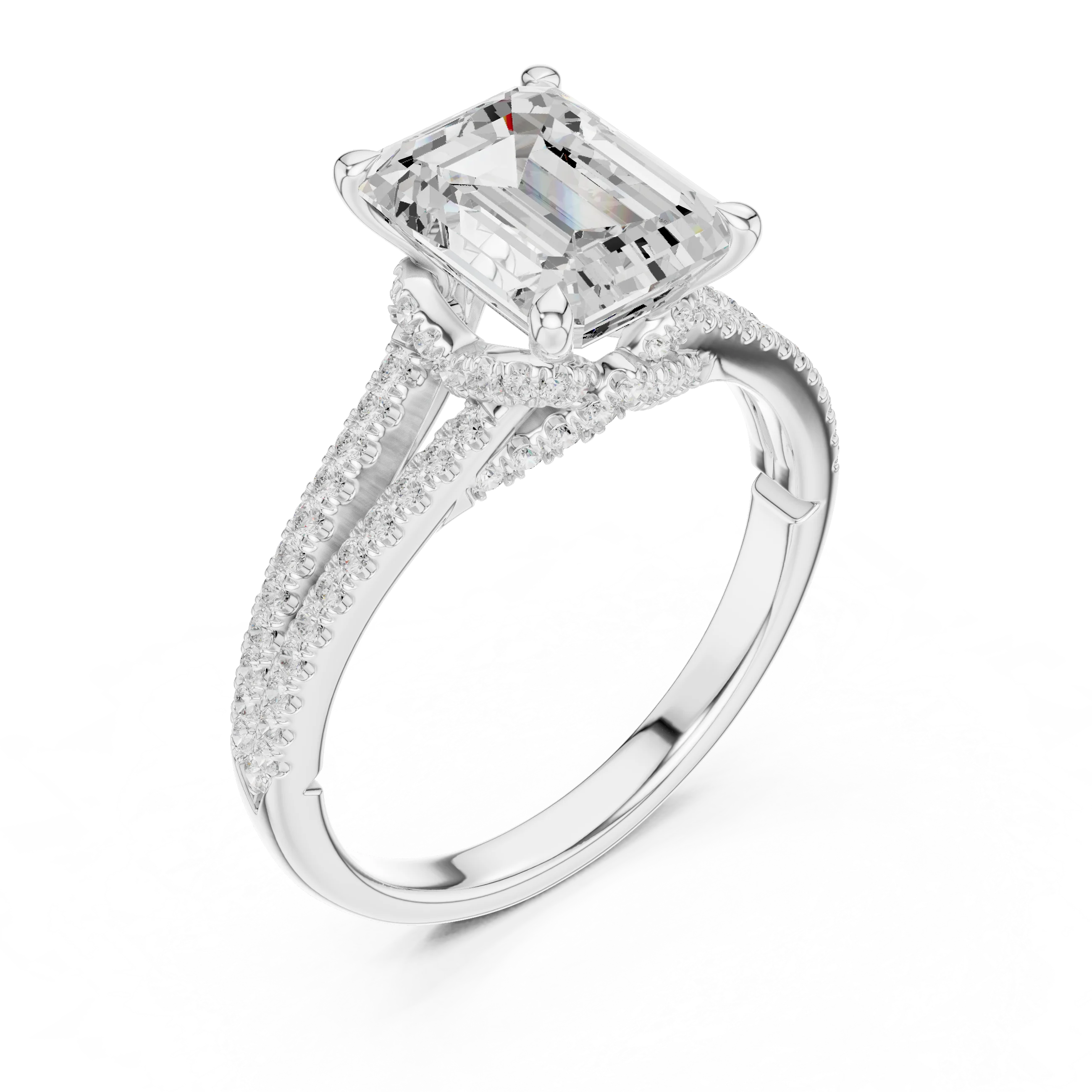 Emerald Cut Diamond Split Shank Engagement Ring with Pave Accents