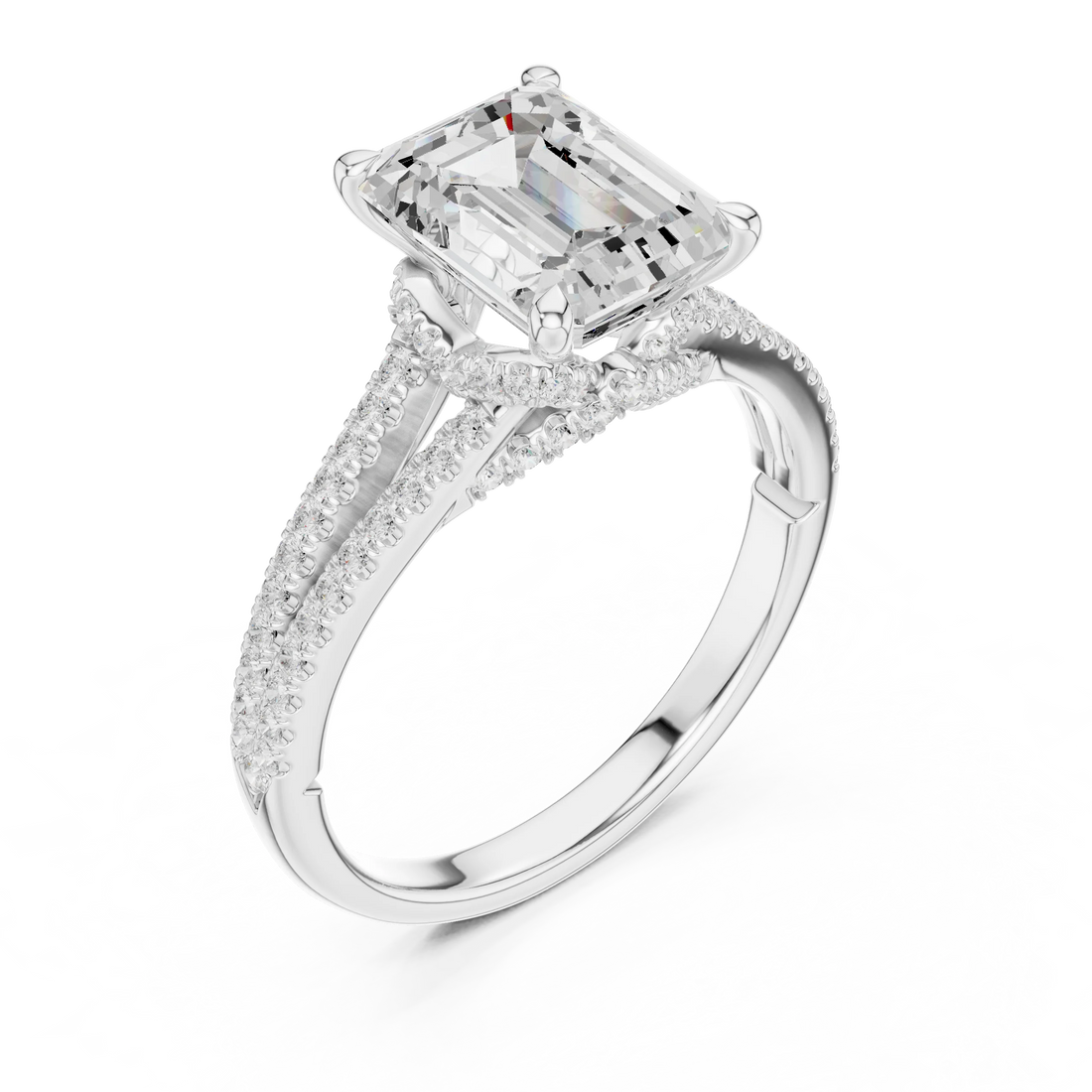 Emerald Cut Diamond Split Shank Engagement Ring with Pave Accents