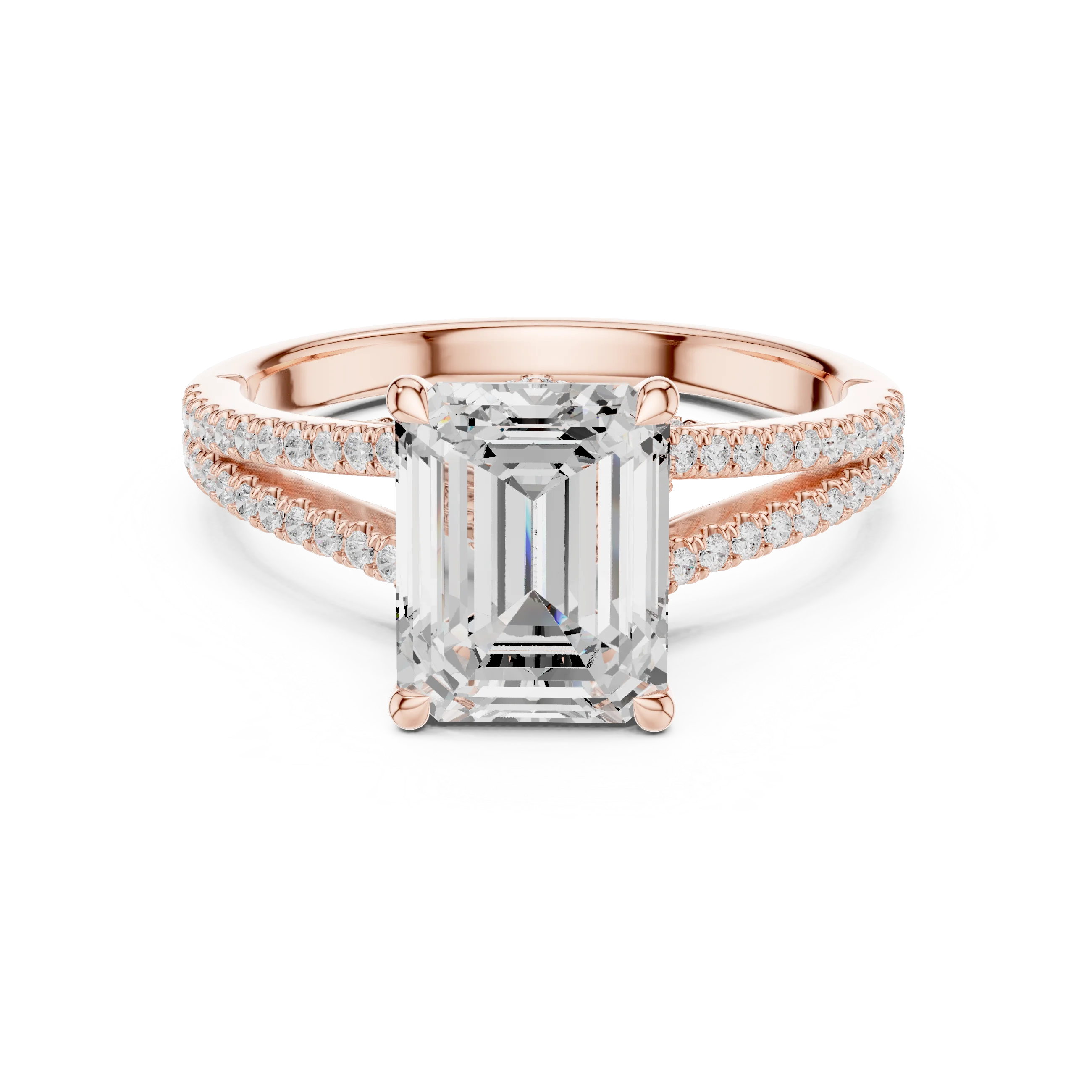Emerald Cut Diamond Split Shank Engagement Ring with Pave Accents