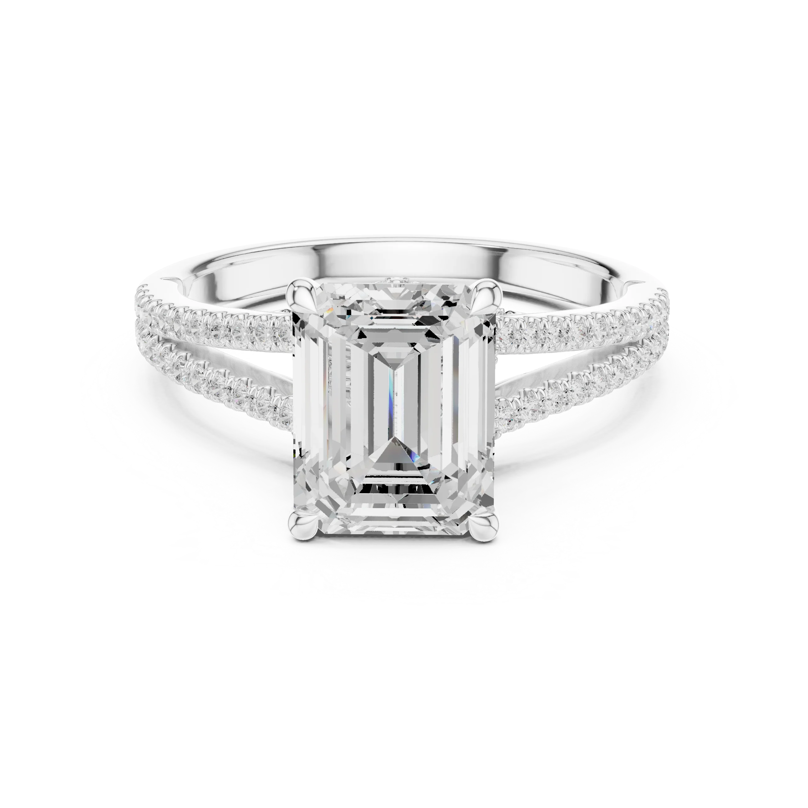 Emerald Cut Diamond Split Shank Engagement Ring with Pave Accents