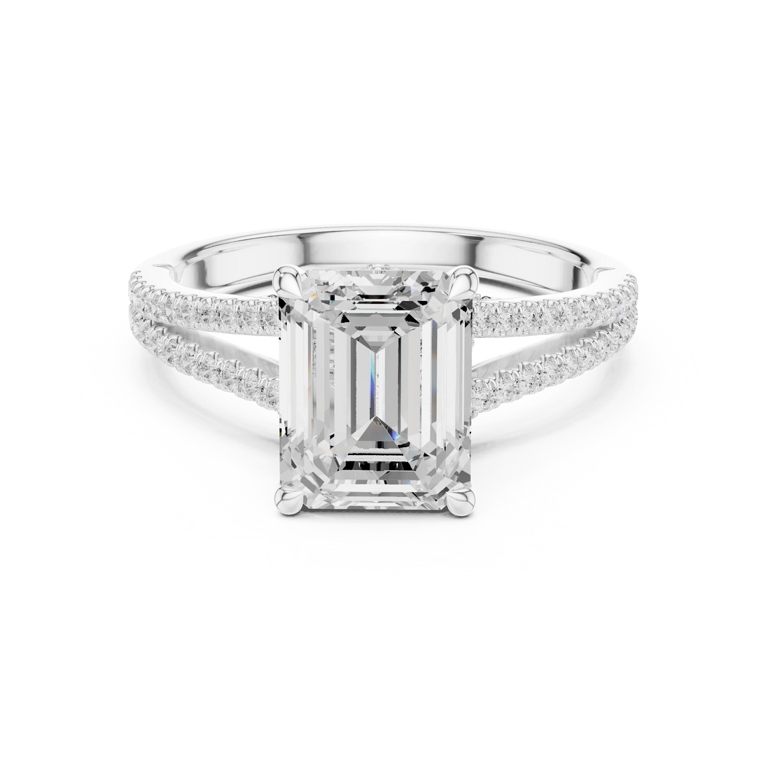 Emerald Cut Diamond Split Shank Engagement Ring with Pave Accents
