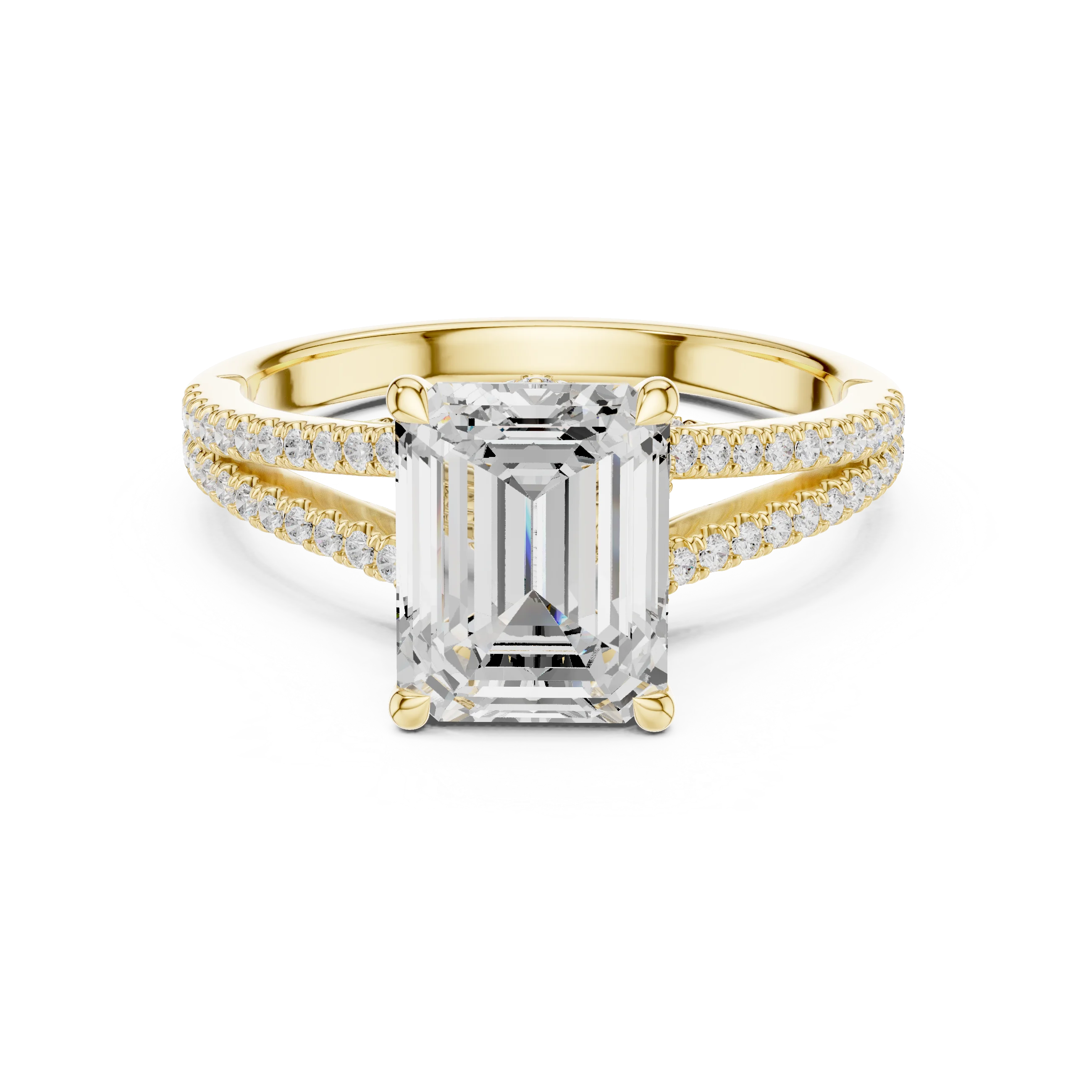 Emerald Cut Diamond Split Shank Engagement Ring with Pave Accents