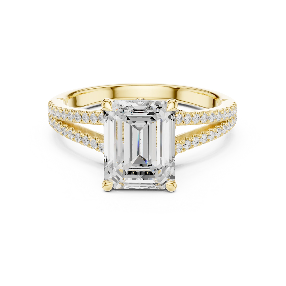Emerald Cut Diamond Split Shank Engagement Ring with Pave Accents