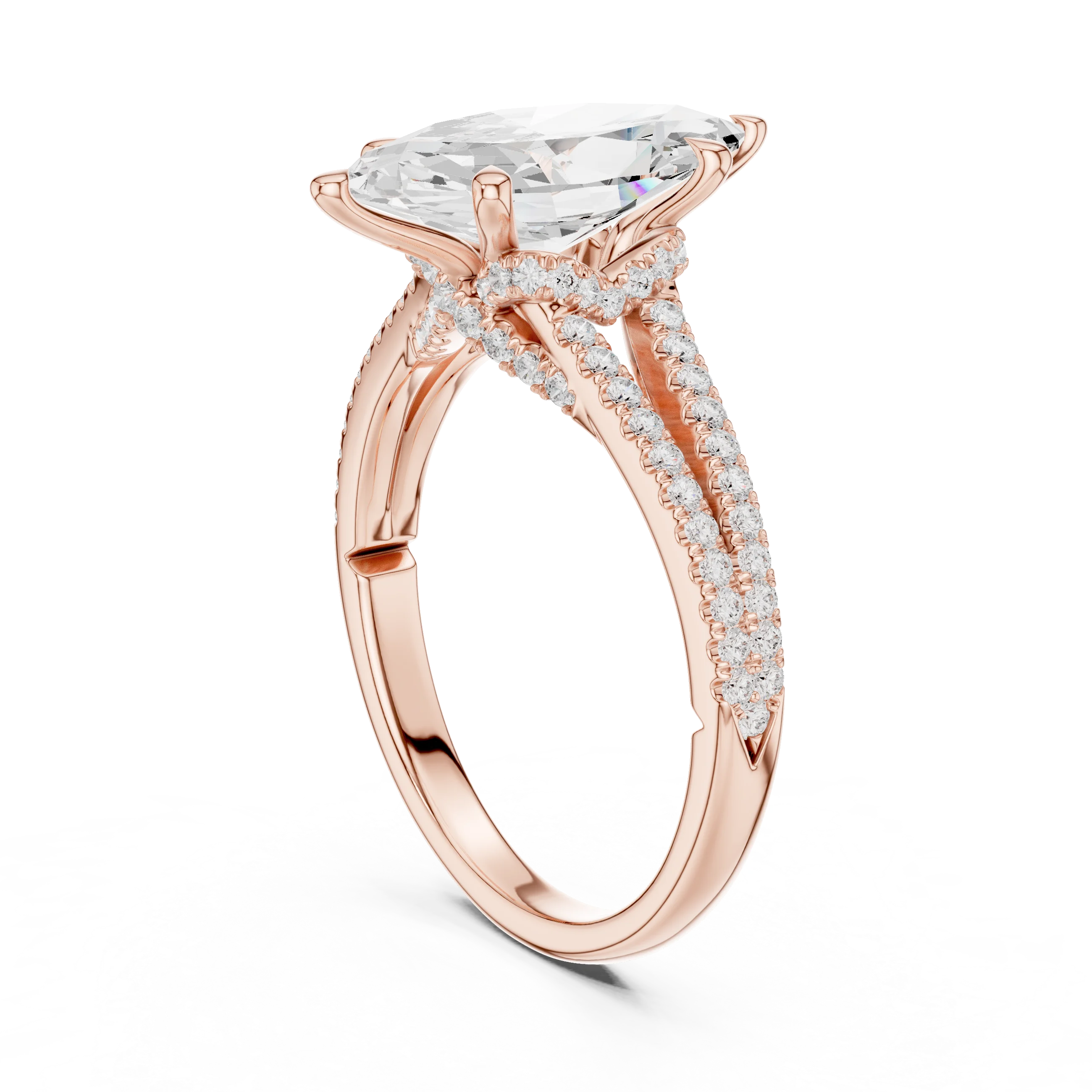 Marquise Cut Diamond Split Shank Engagement Ring with Pave Accents