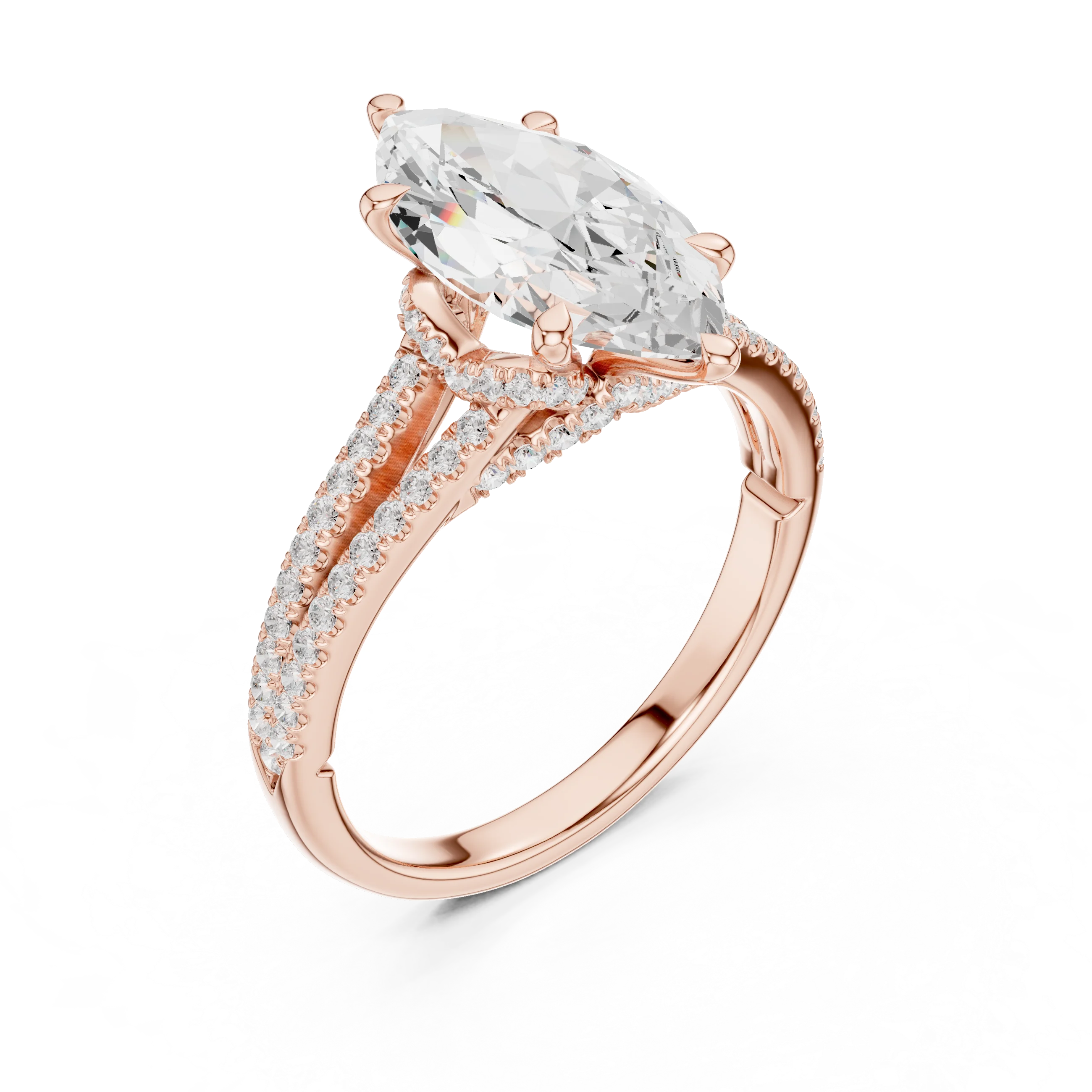 Marquise Cut Diamond Split Shank Engagement Ring with Pave Accents