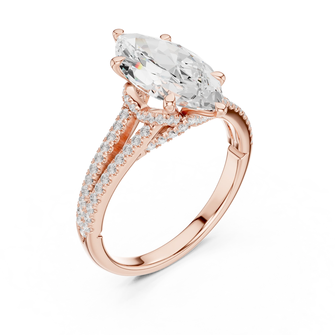 Marquise Cut Diamond Split Shank Engagement Ring with Pave Accents