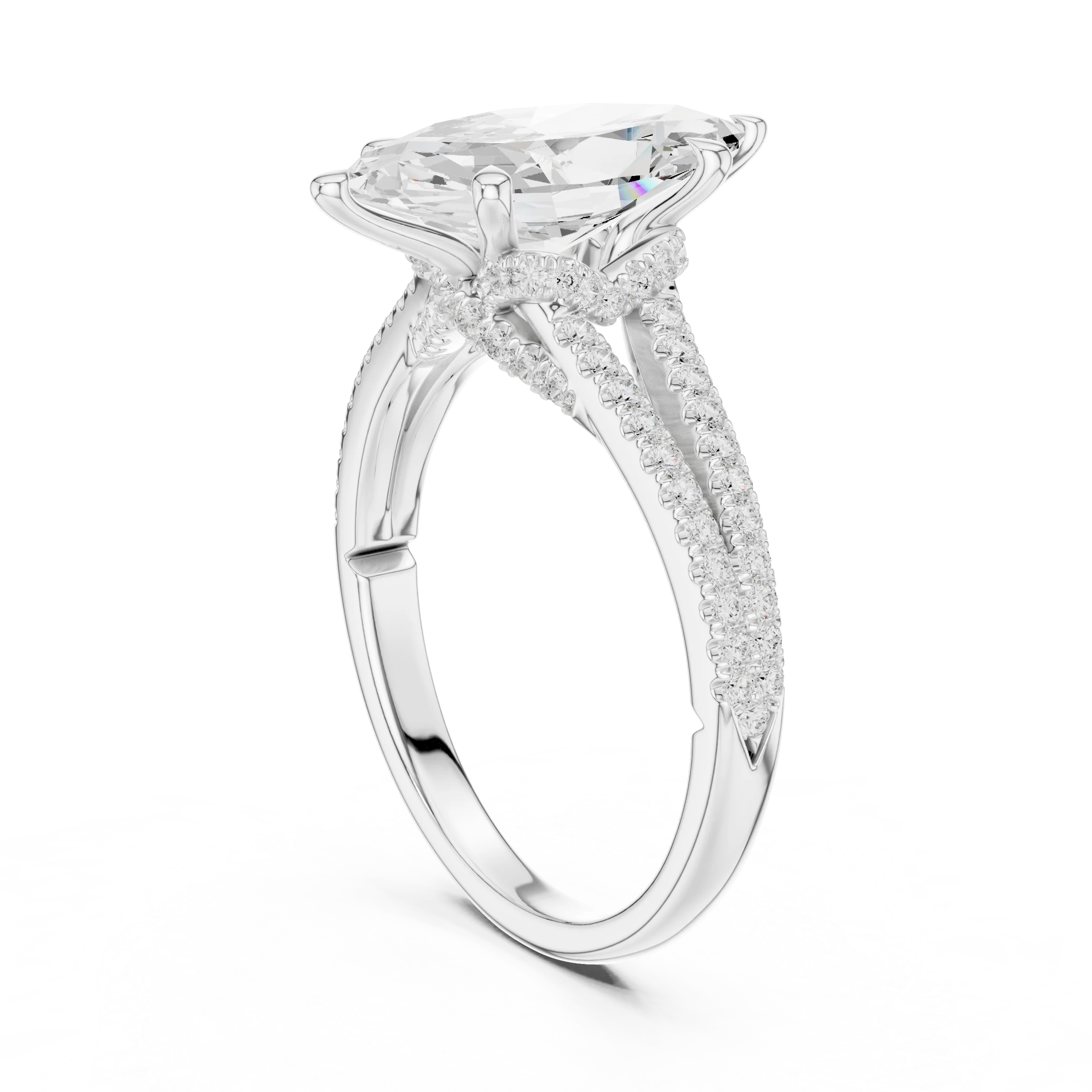 Marquise Cut Diamond Split Shank Engagement Ring with Pave Accents