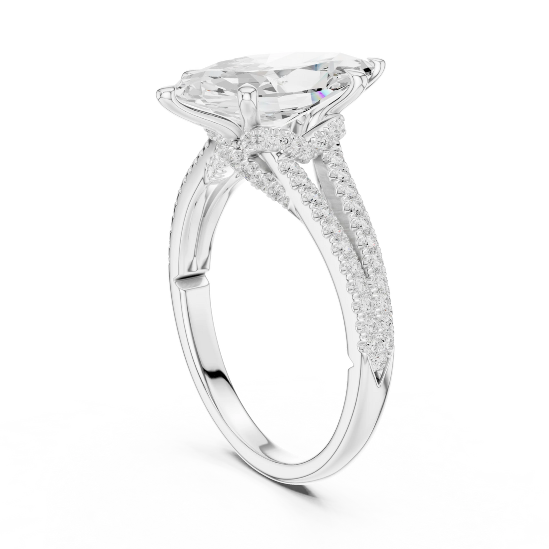 Marquise Cut Diamond Split Shank Engagement Ring with Pave Accents