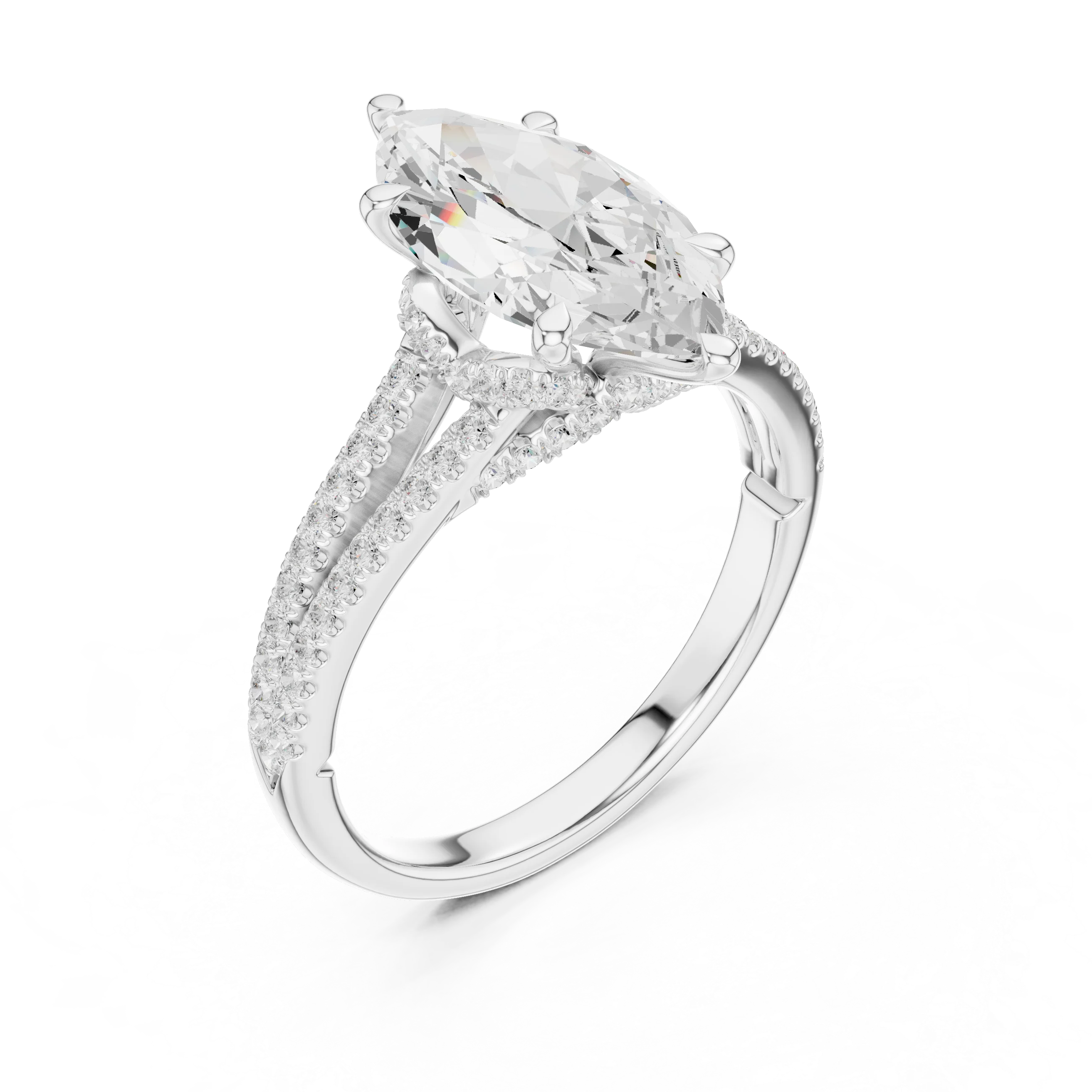 Marquise Cut Diamond Split Shank Engagement Ring with Pave Accents