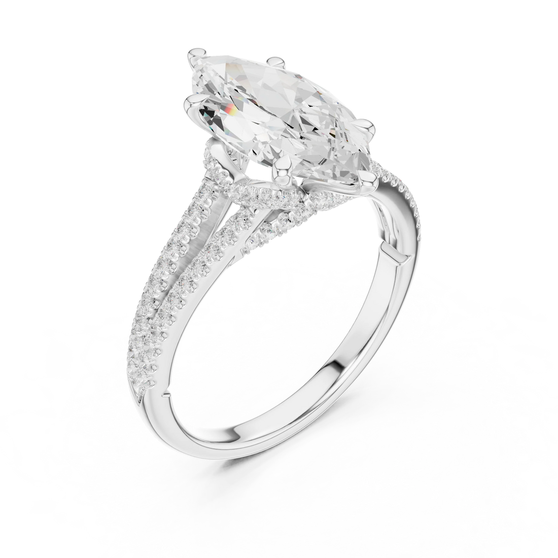 Marquise Cut Diamond Split Shank Engagement Ring with Pave Accents