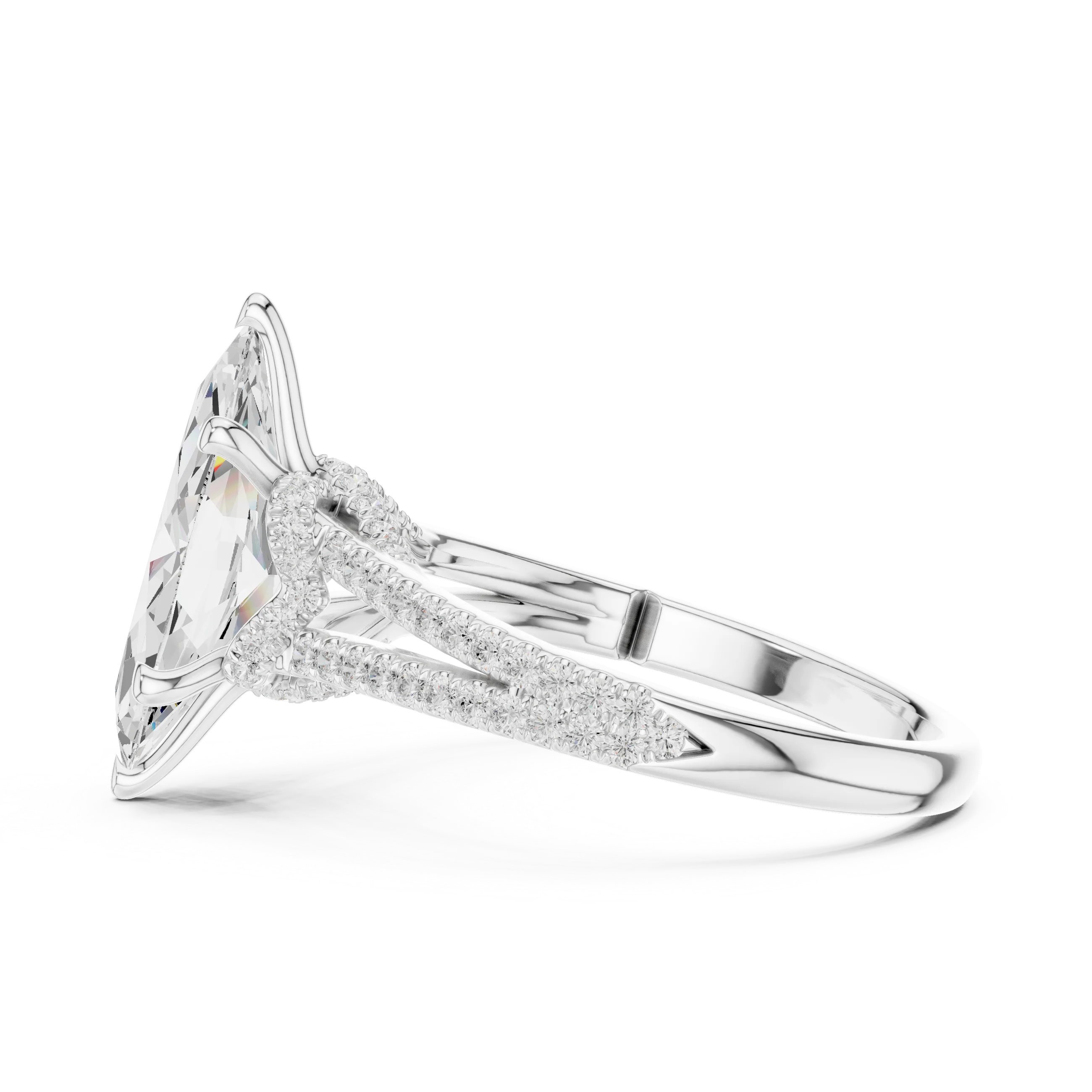 Marquise Cut Diamond Split Shank Engagement Ring with Pave Accents