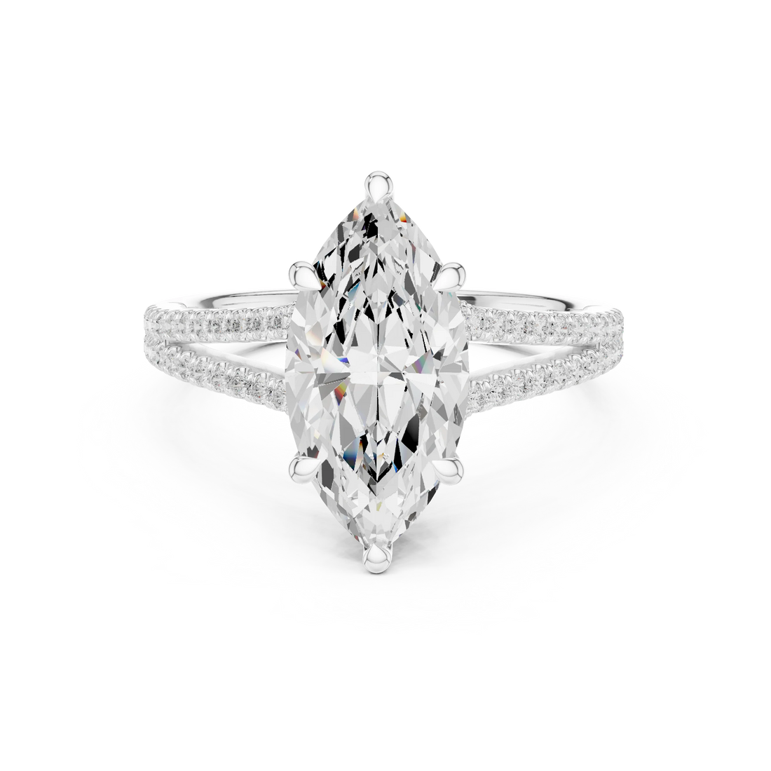 Marquise Cut Diamond Split Shank Engagement Ring with Pave Accents