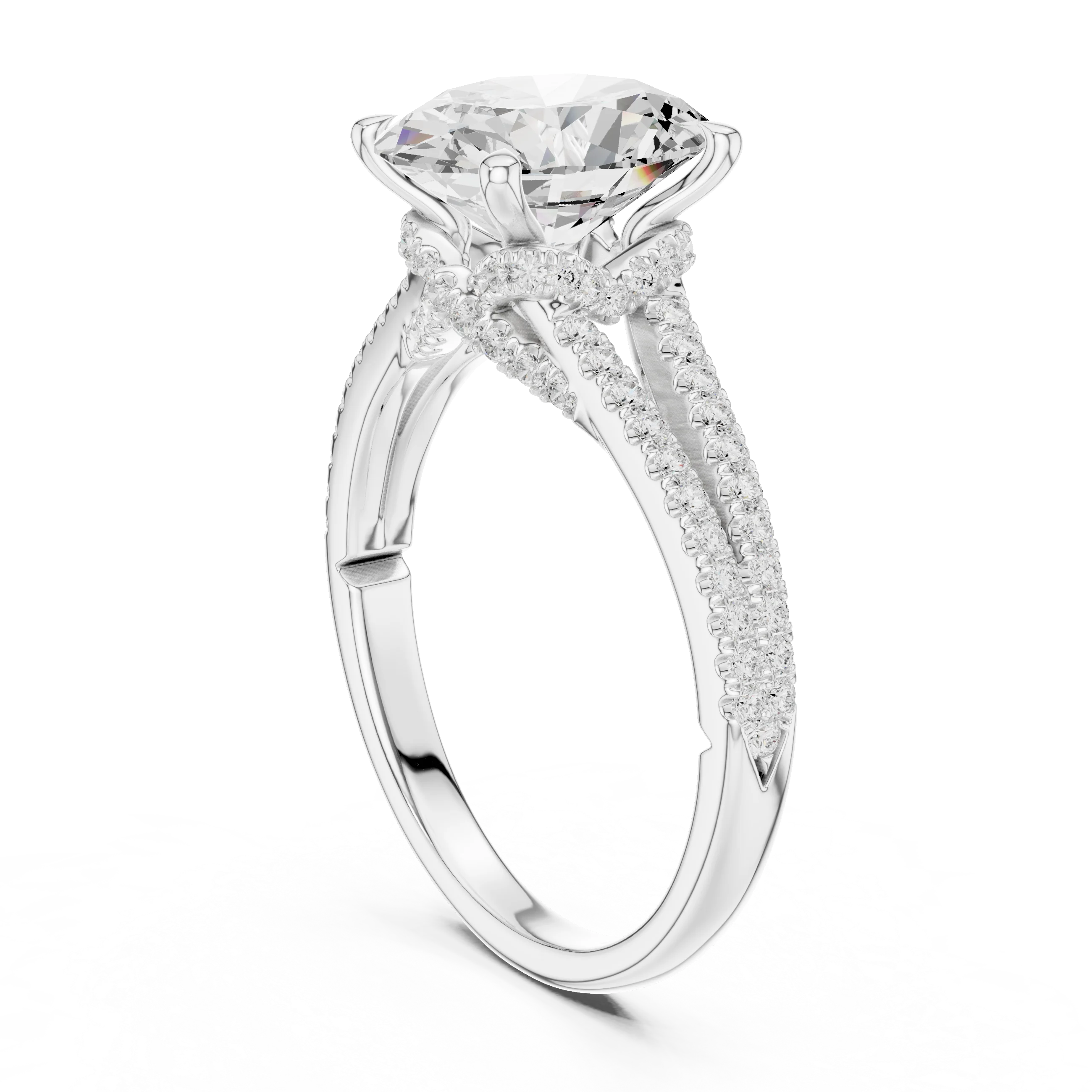 Oval Cut Diamond Split Shank Engagement Ring with Pave Accents