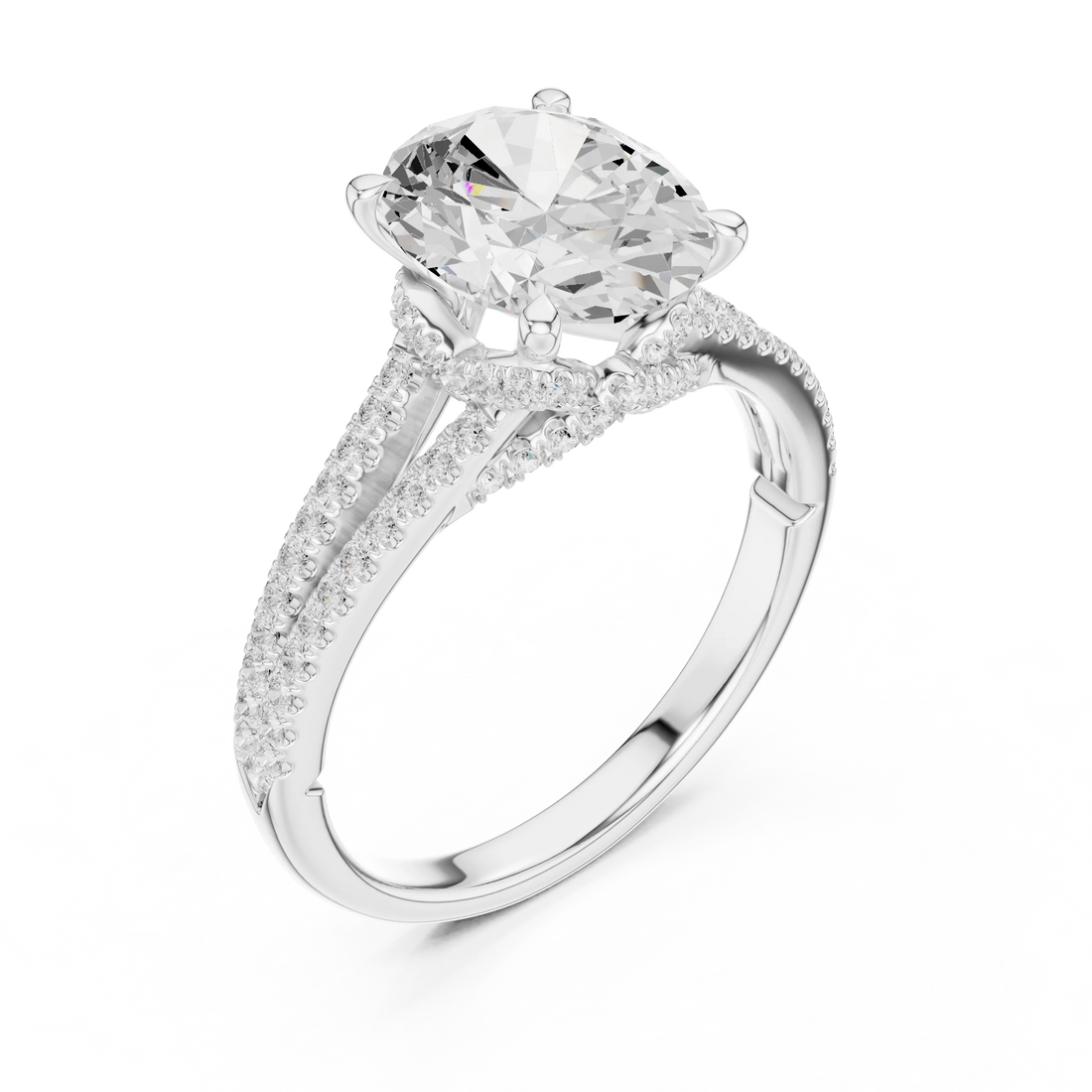 Oval Cut Diamond Split Shank Engagement Ring with Pave Accents