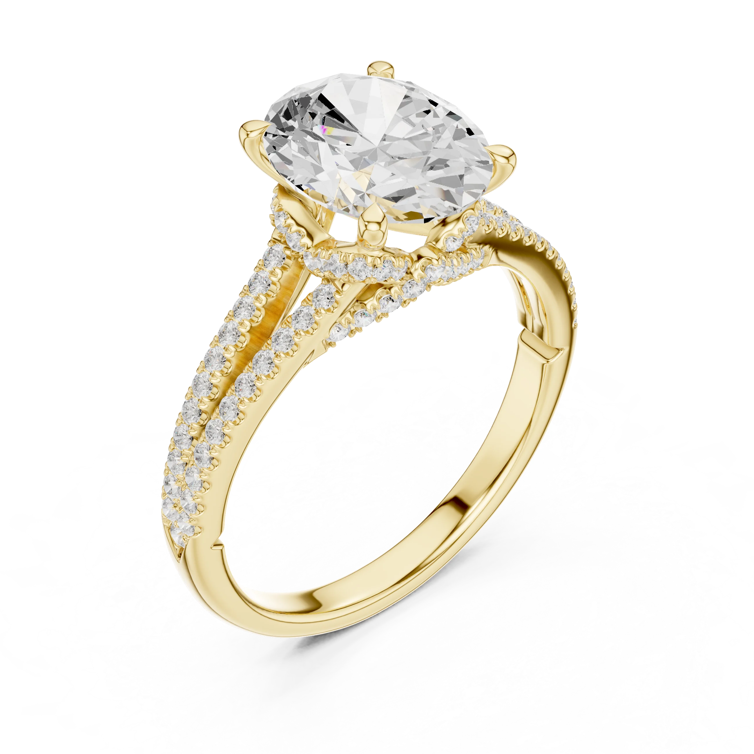 Oval Cut Diamond Split Shank Engagement Ring with Pave Accents