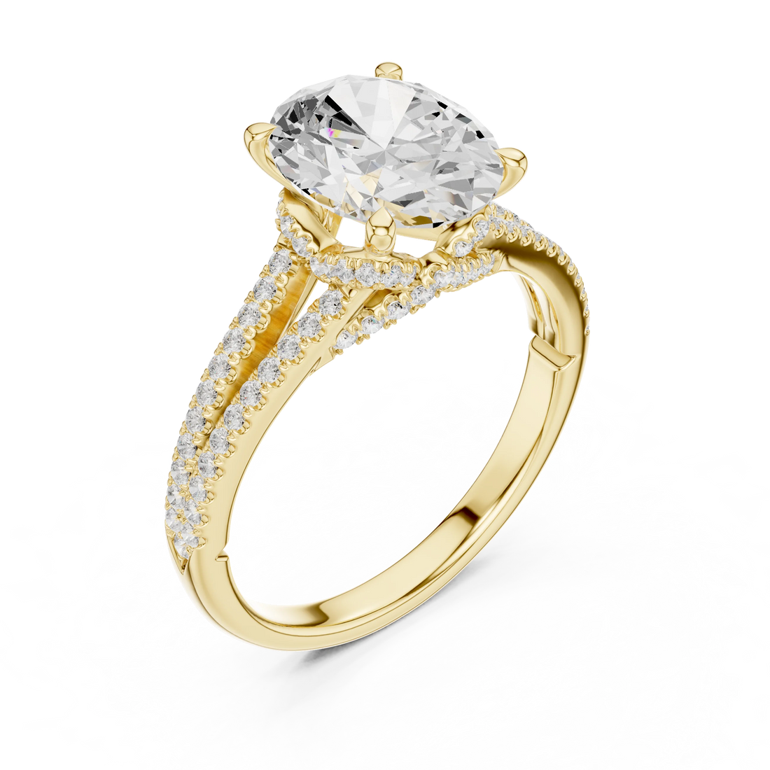 Oval Cut Diamond Split Shank Engagement Ring with Pave Accents