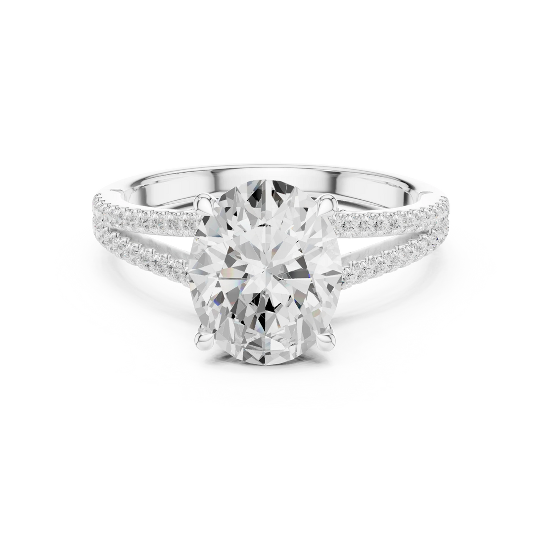 Oval Cut Diamond Split Shank Engagement Ring with Pave Accents