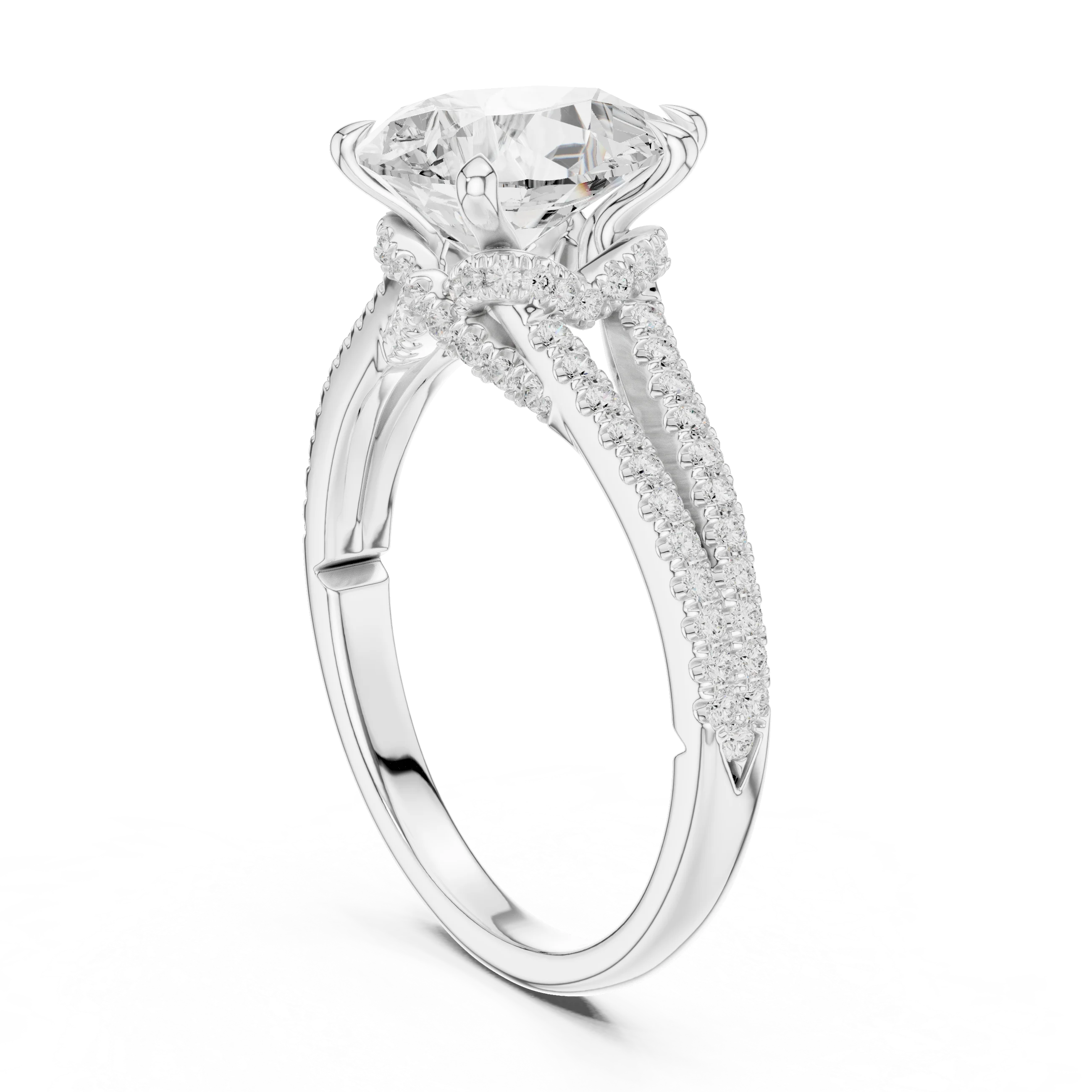 Pear Cut Diamond Split Shank Engagement Ring with Pave Accents