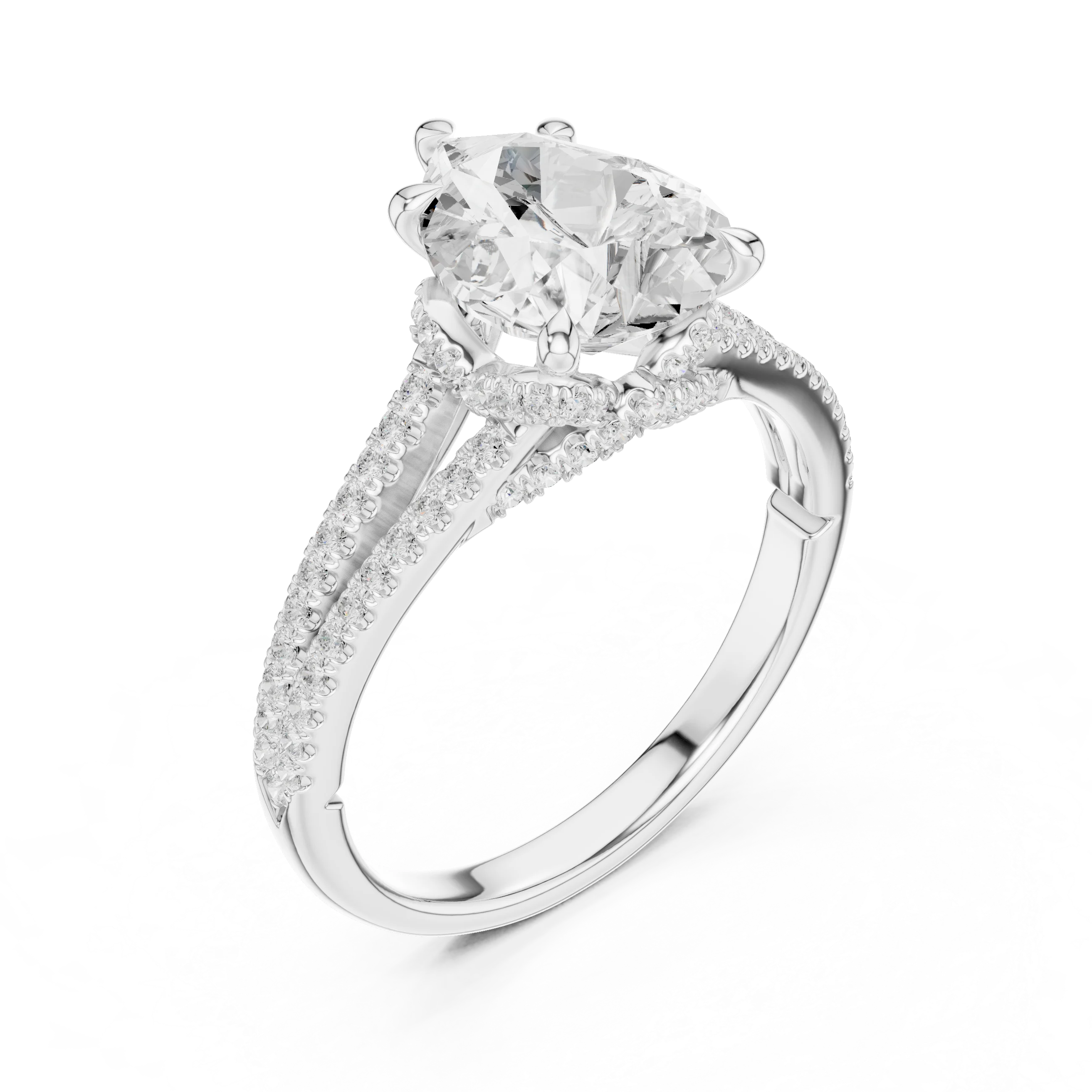 Pear Cut Diamond Split Shank Engagement Ring with Pave Accents