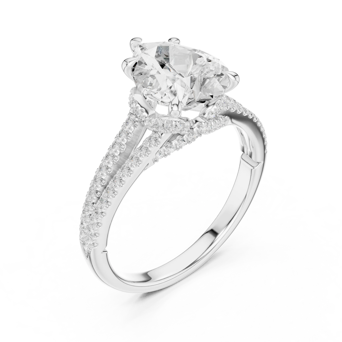 Pear Cut Diamond Split Shank Engagement Ring with Pave Accents
