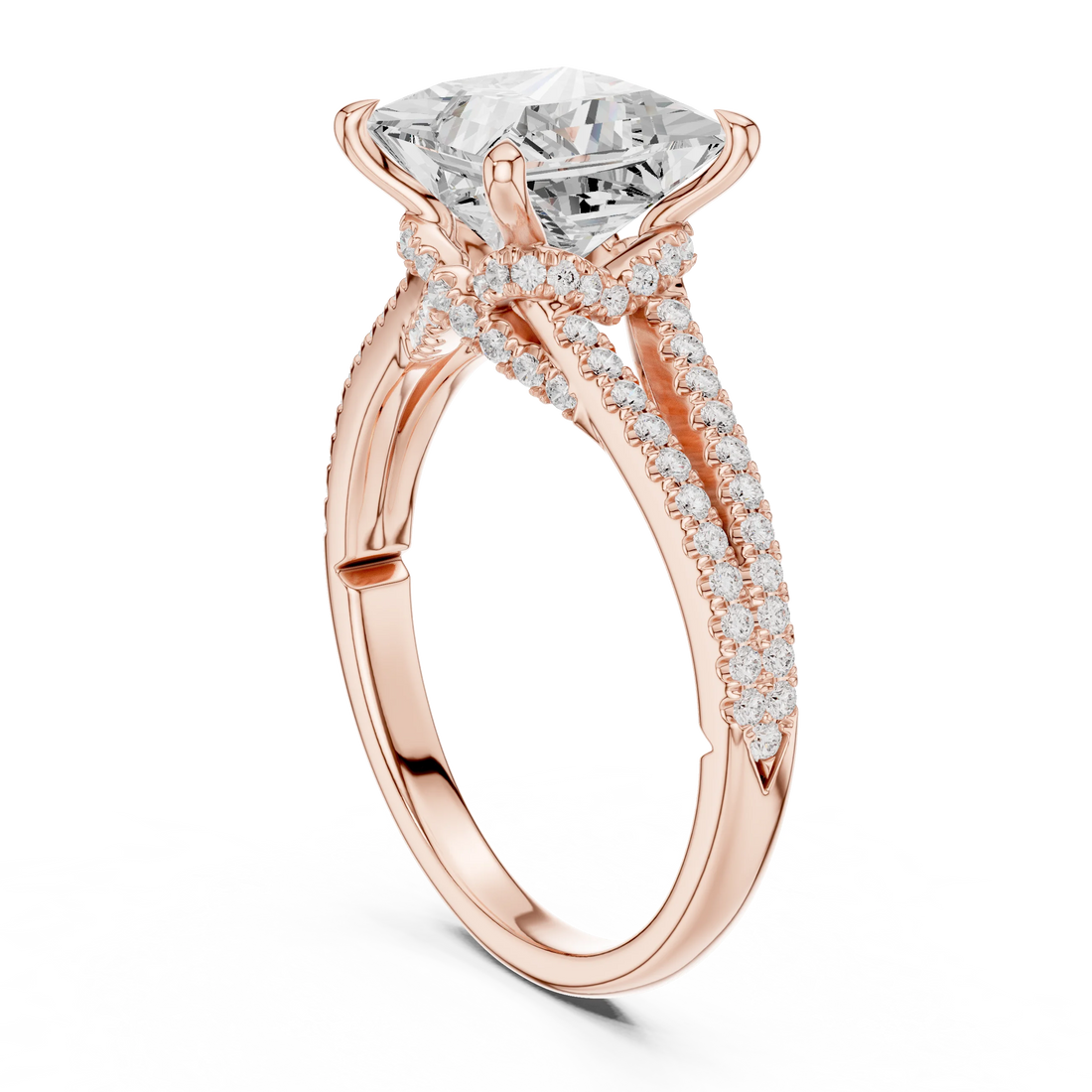 Princess Cut Diamond Split Shank Engagement Ring with Pave Accents