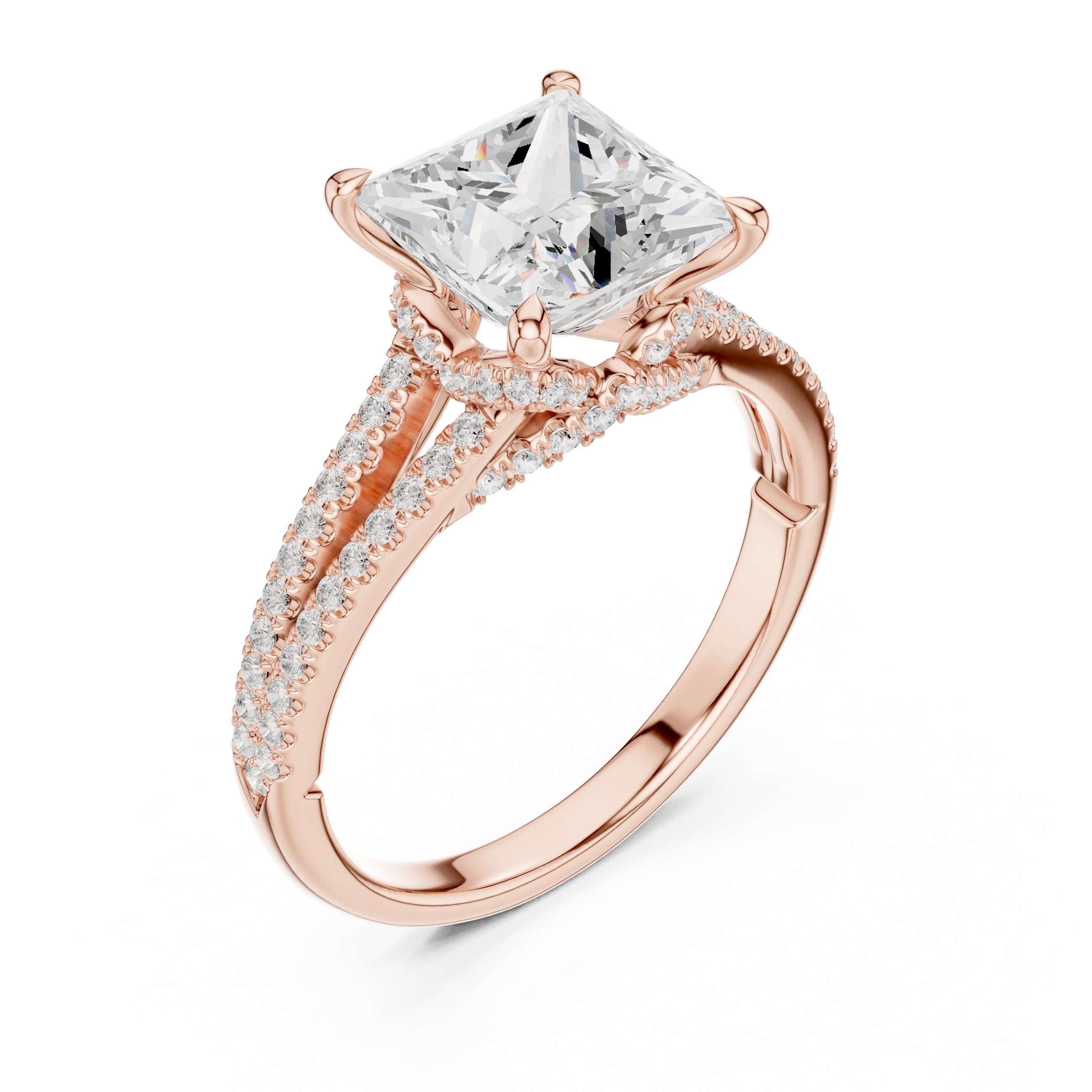 Princess Cut Diamond Split Shank Engagement Ring with Pave Accents
