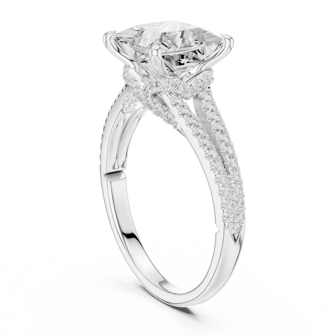 Princess Cut Diamond Split Shank Engagement Ring with Pave Accents