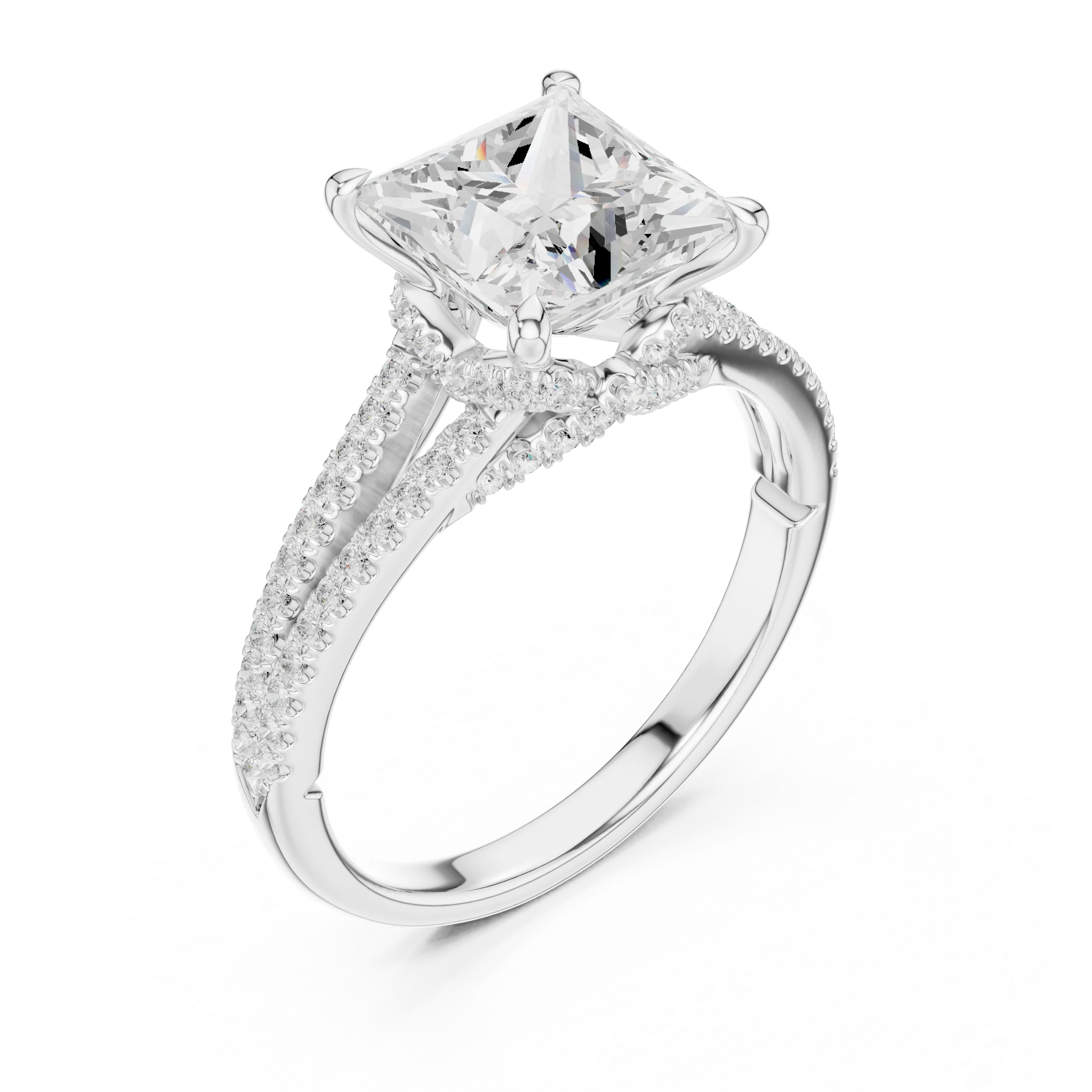 Princess Cut Diamond Split Shank Engagement Ring with Pave Accents