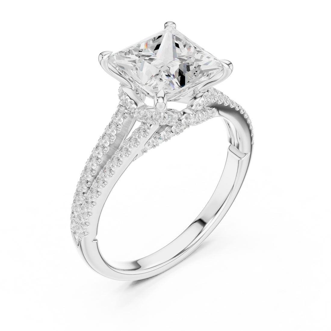 Princess Cut Diamond Split Shank Engagement Ring with Pave Accents