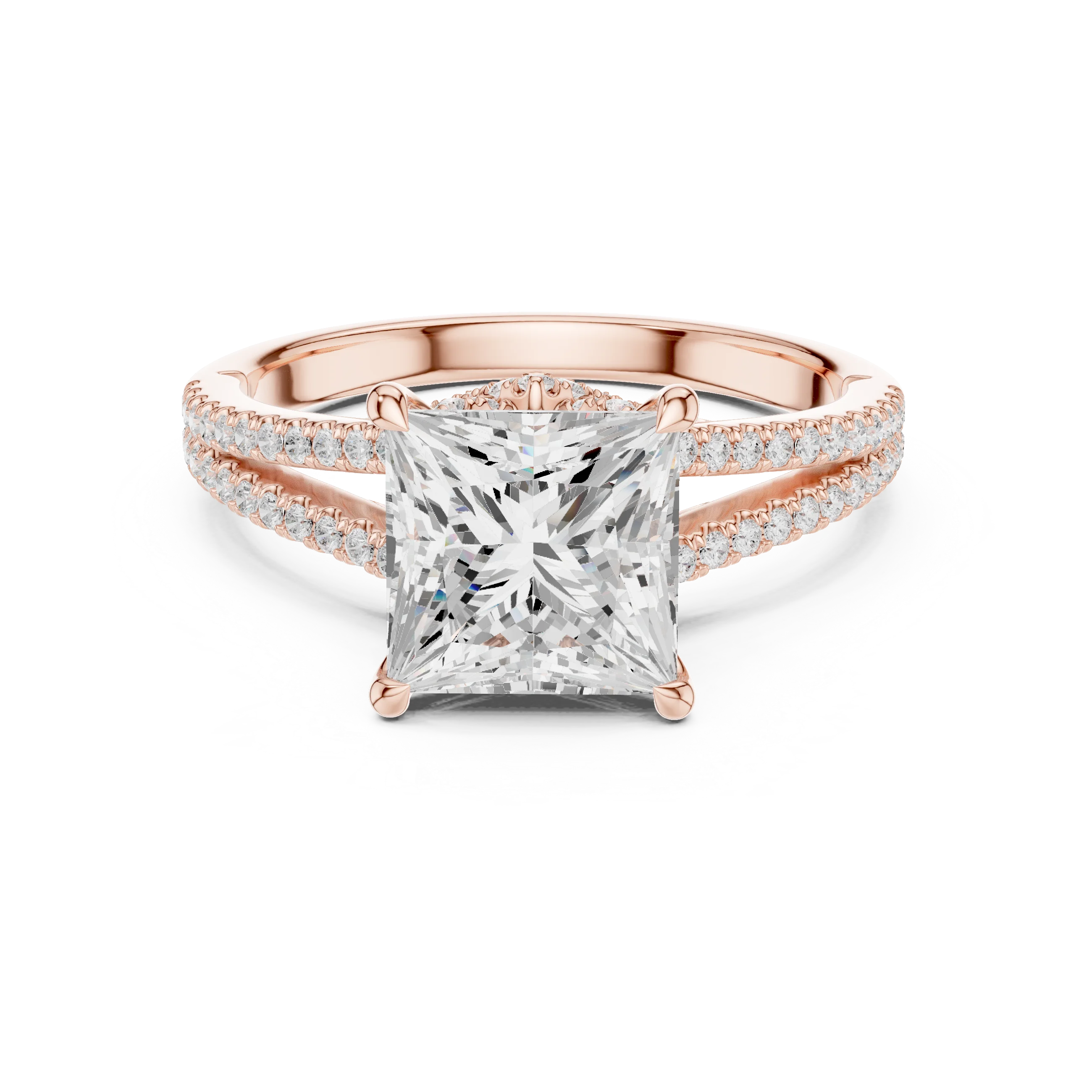 Princess Cut Diamond Split Shank Engagement Ring with Pave Accents