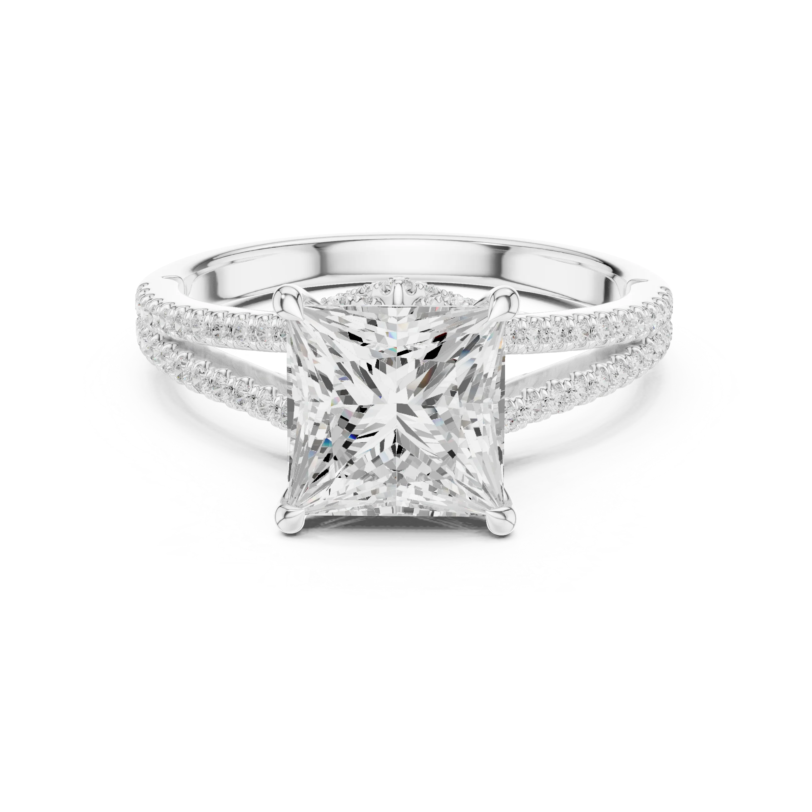 Princess Cut Diamond Split Shank Engagement Ring with Pave Accents