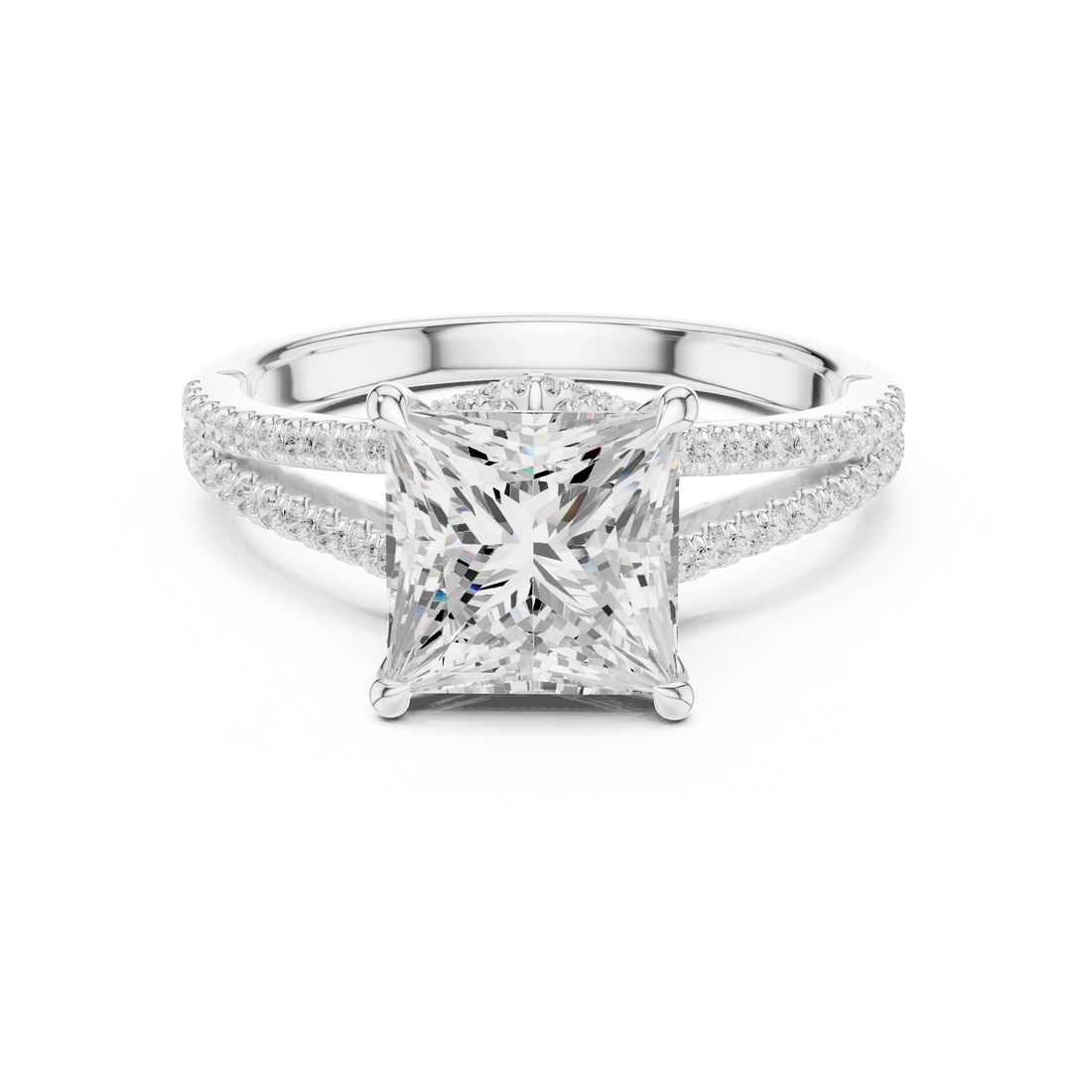 Princess Cut Diamond Split Shank Engagement Ring with Pave Accents