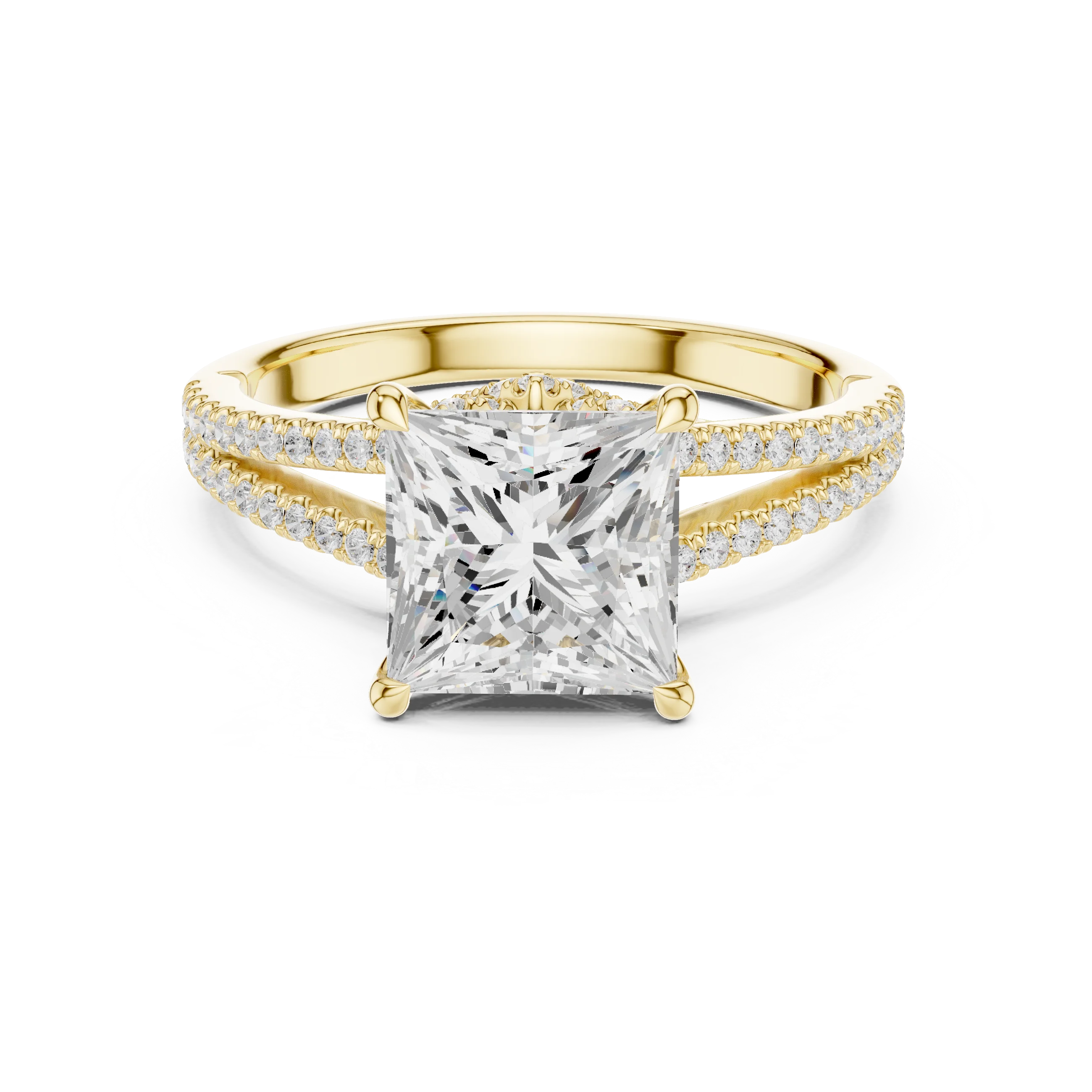 Princess Cut Diamond Split Shank Engagement Ring with Pave Accents