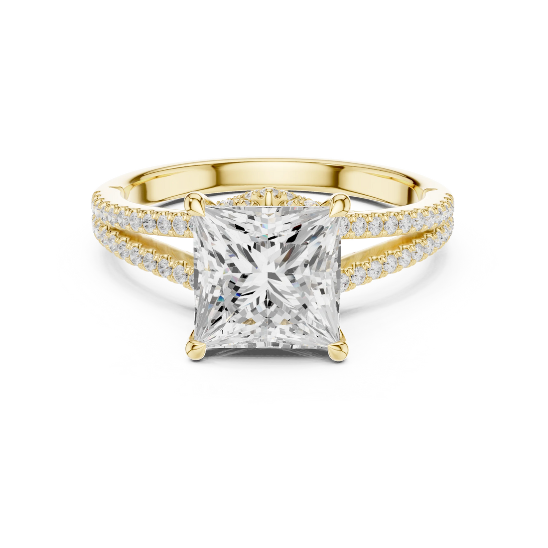 Princess Cut Diamond Split Shank Engagement Ring with Pave Accents