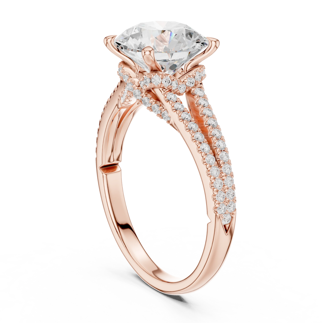Round Cut Diamond Split Shank Engagement Ring with Pave Accents