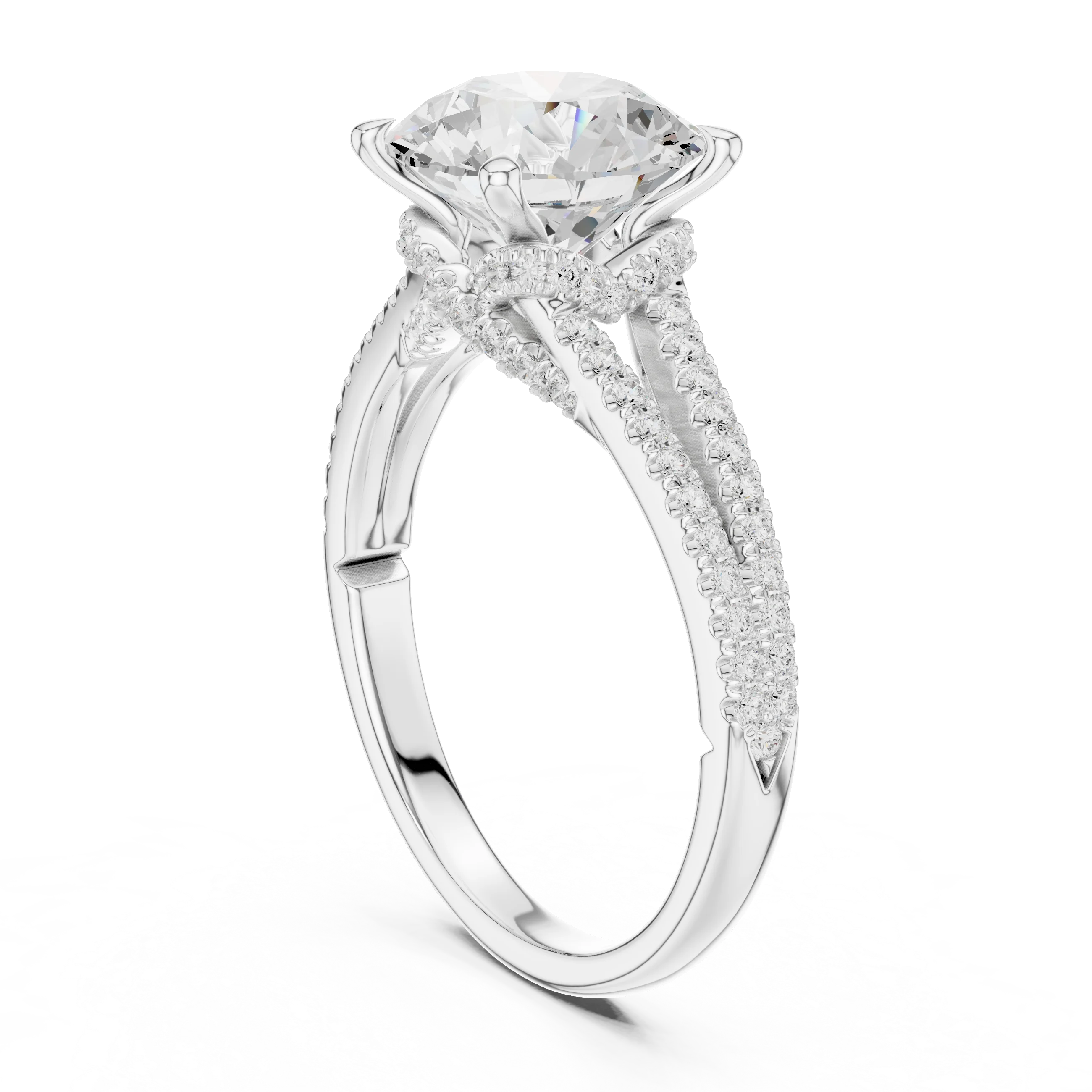 Round Cut Diamond Split Shank Engagement Ring with Pave Accents