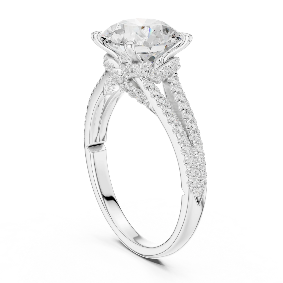 Round Cut Diamond Split Shank Engagement Ring with Pave Accents
