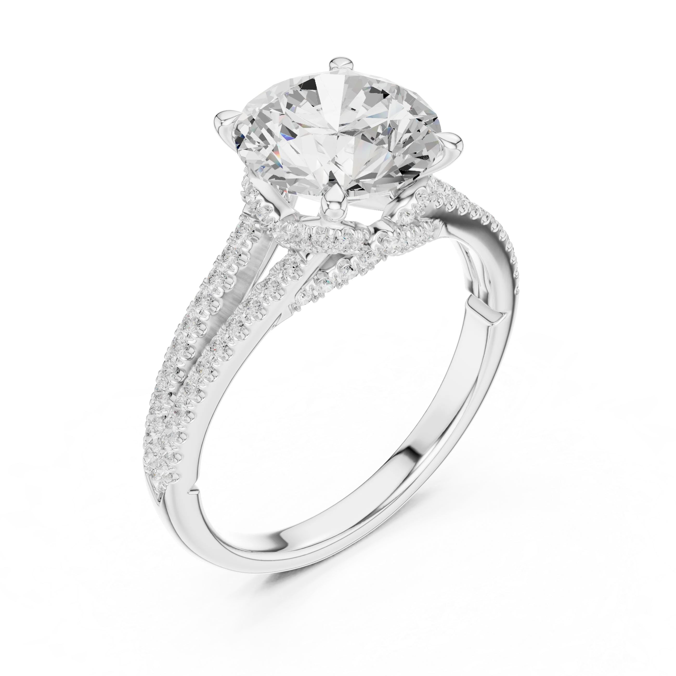 Round Cut Diamond Split Shank Engagement Ring with Pave Accents