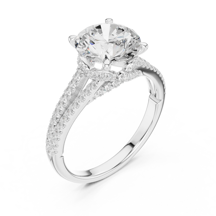 Round Cut Diamond Split Shank Engagement Ring with Pave Accents
