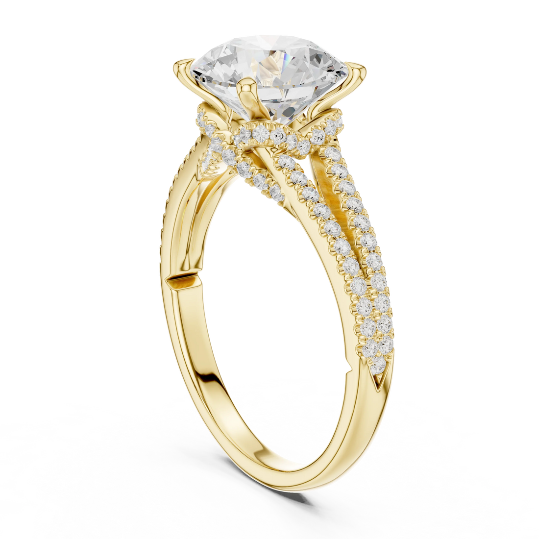 Round Cut Diamond Split Shank Engagement Ring with Pave Accents