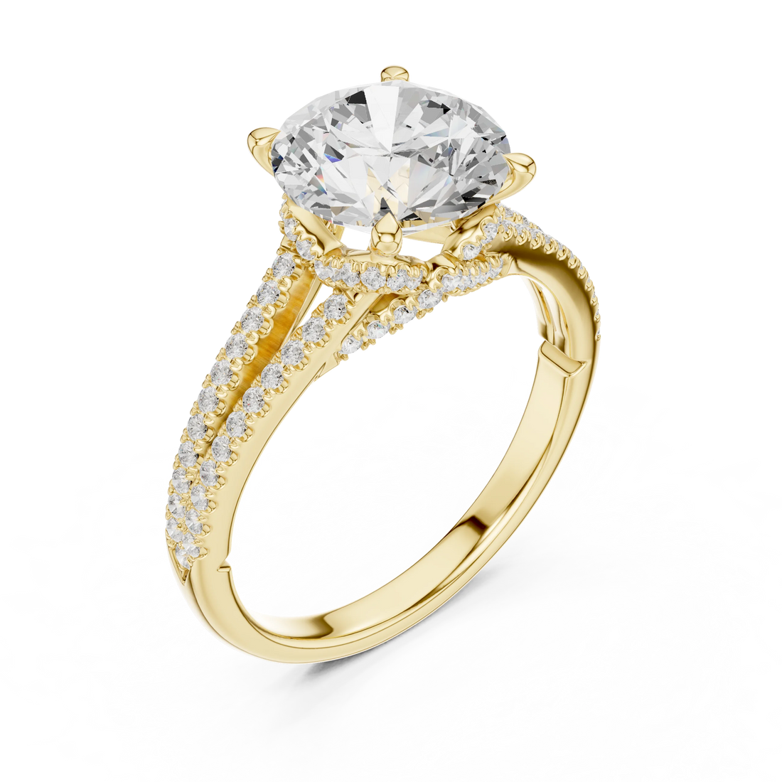 Round Cut Diamond Split Shank Engagement Ring with Pave Accents