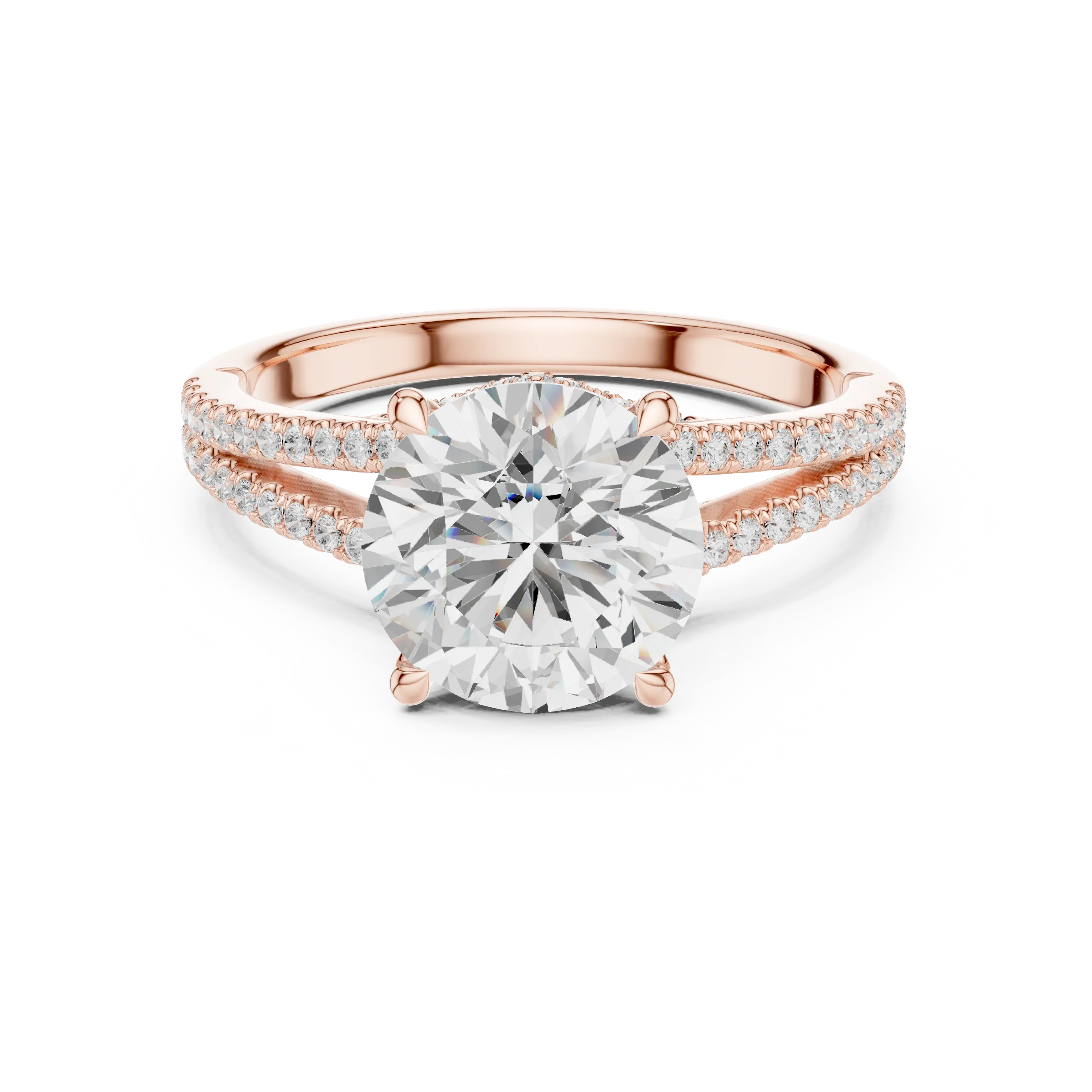 Round Cut Diamond Split Shank Engagement Ring with Pave Accents