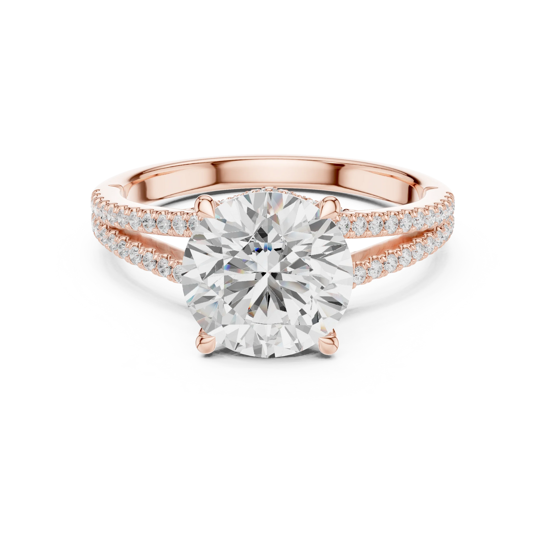 Round Cut Diamond Split Shank Engagement Ring with Pave Accents