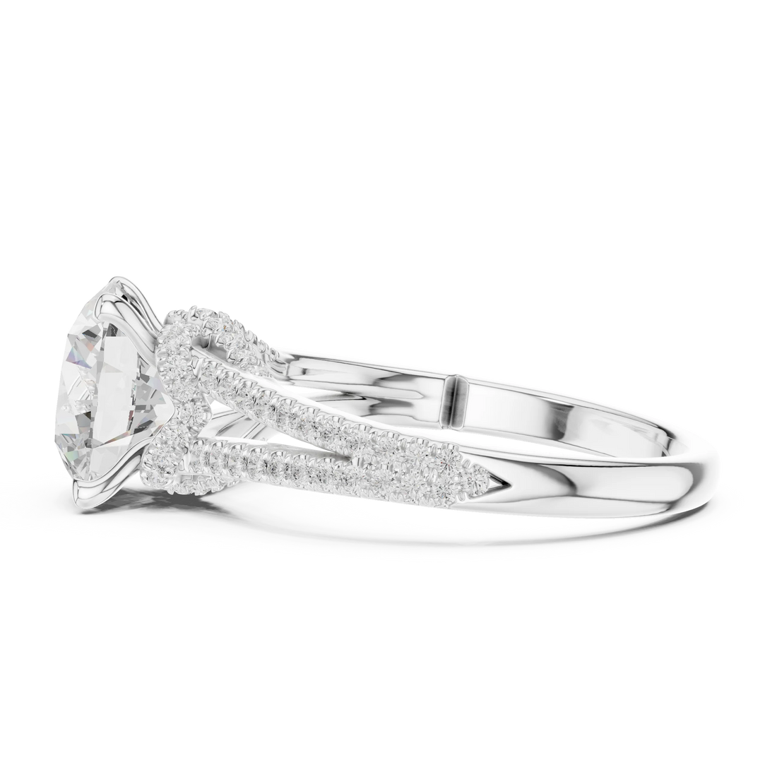 Round Cut Diamond Split Shank Engagement Ring with Pave Accents