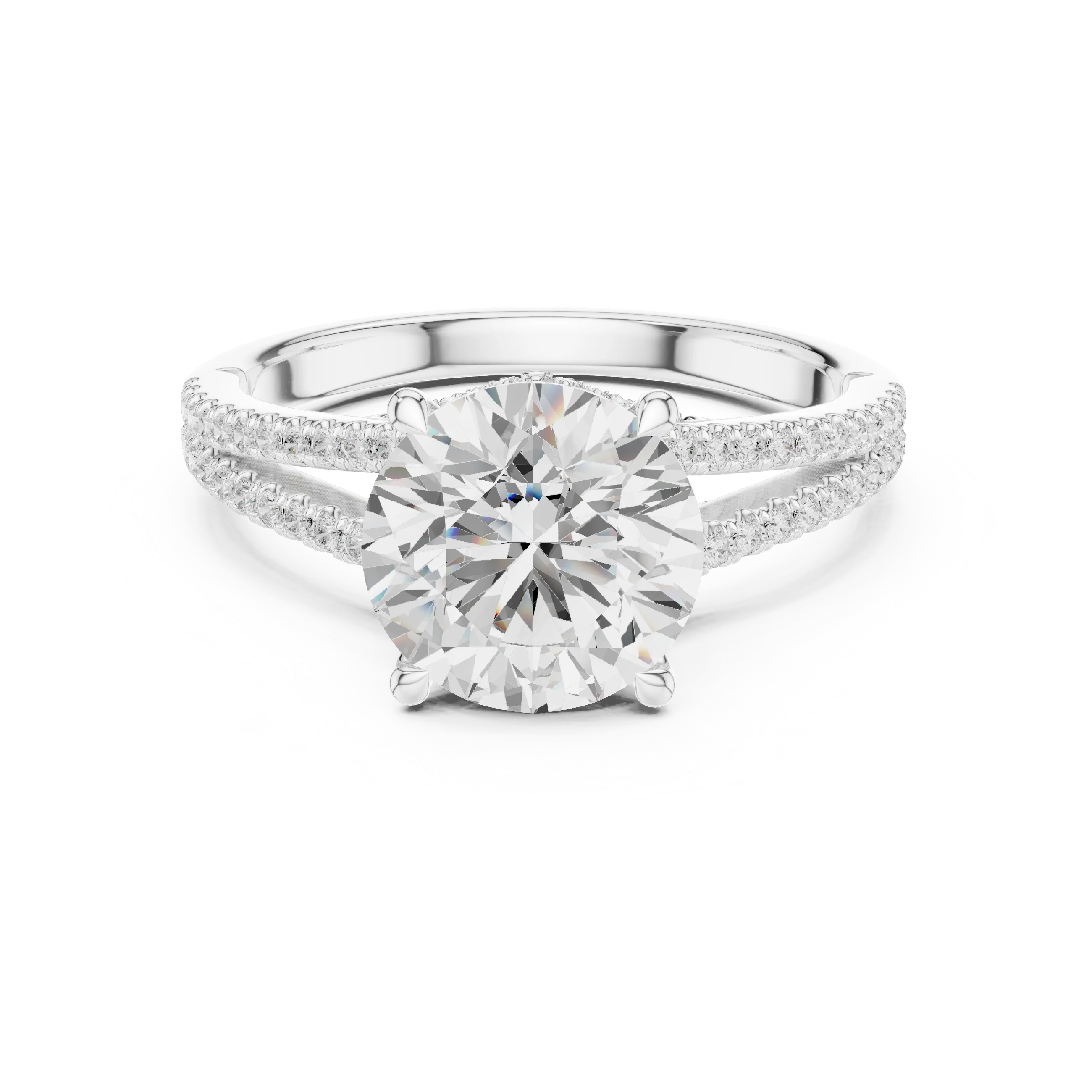 Round Cut Diamond Split Shank Engagement Ring with Pave Accents