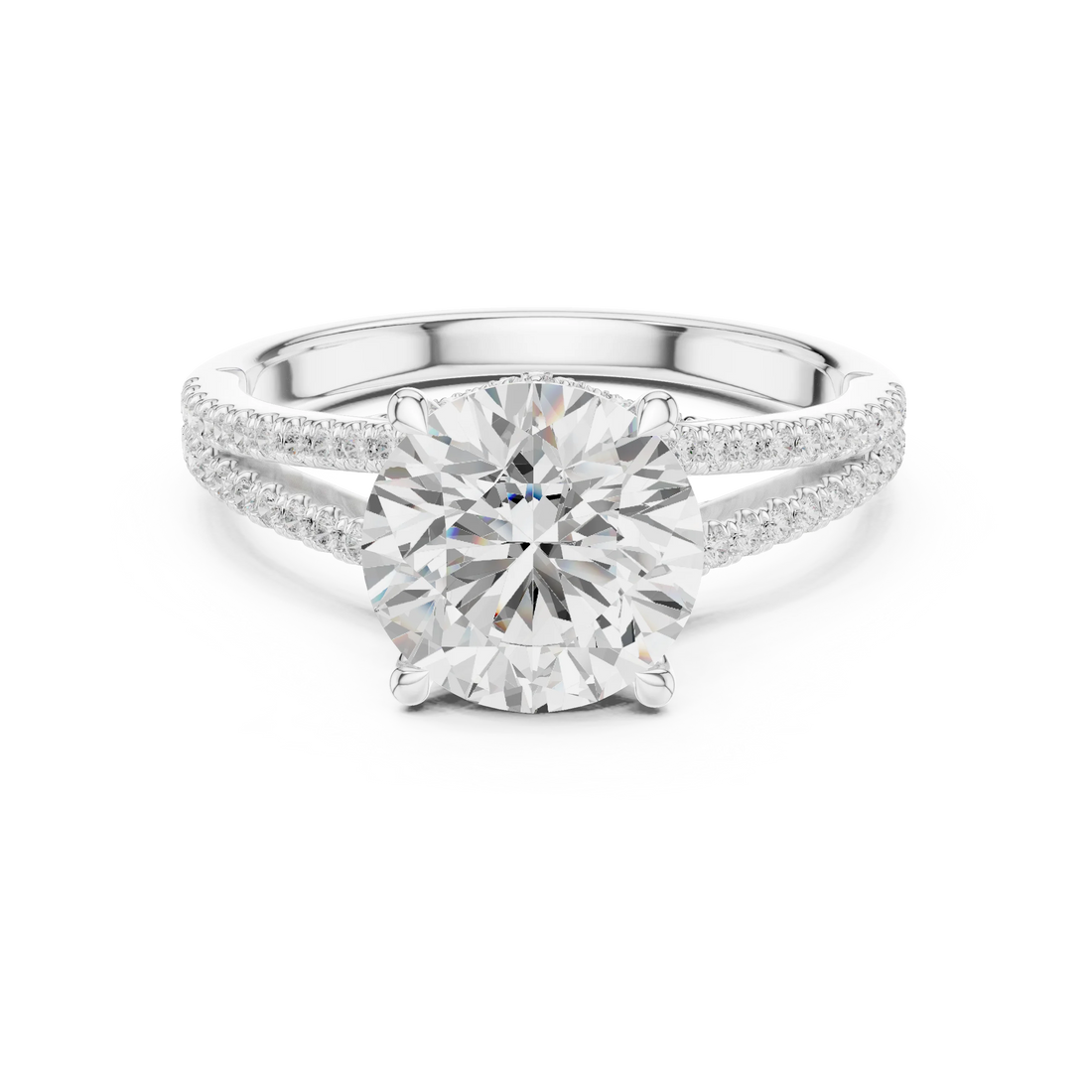 Round Cut Diamond Split Shank Engagement Ring with Pave Accents