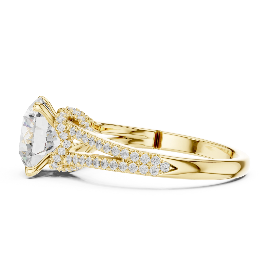 Round Cut Diamond Split Shank Engagement Ring with Pave Accents