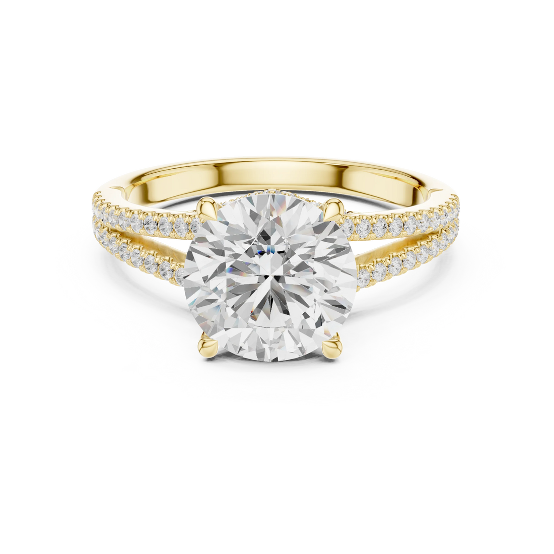 Round Cut Diamond Split Shank Engagement Ring with Pave Accents